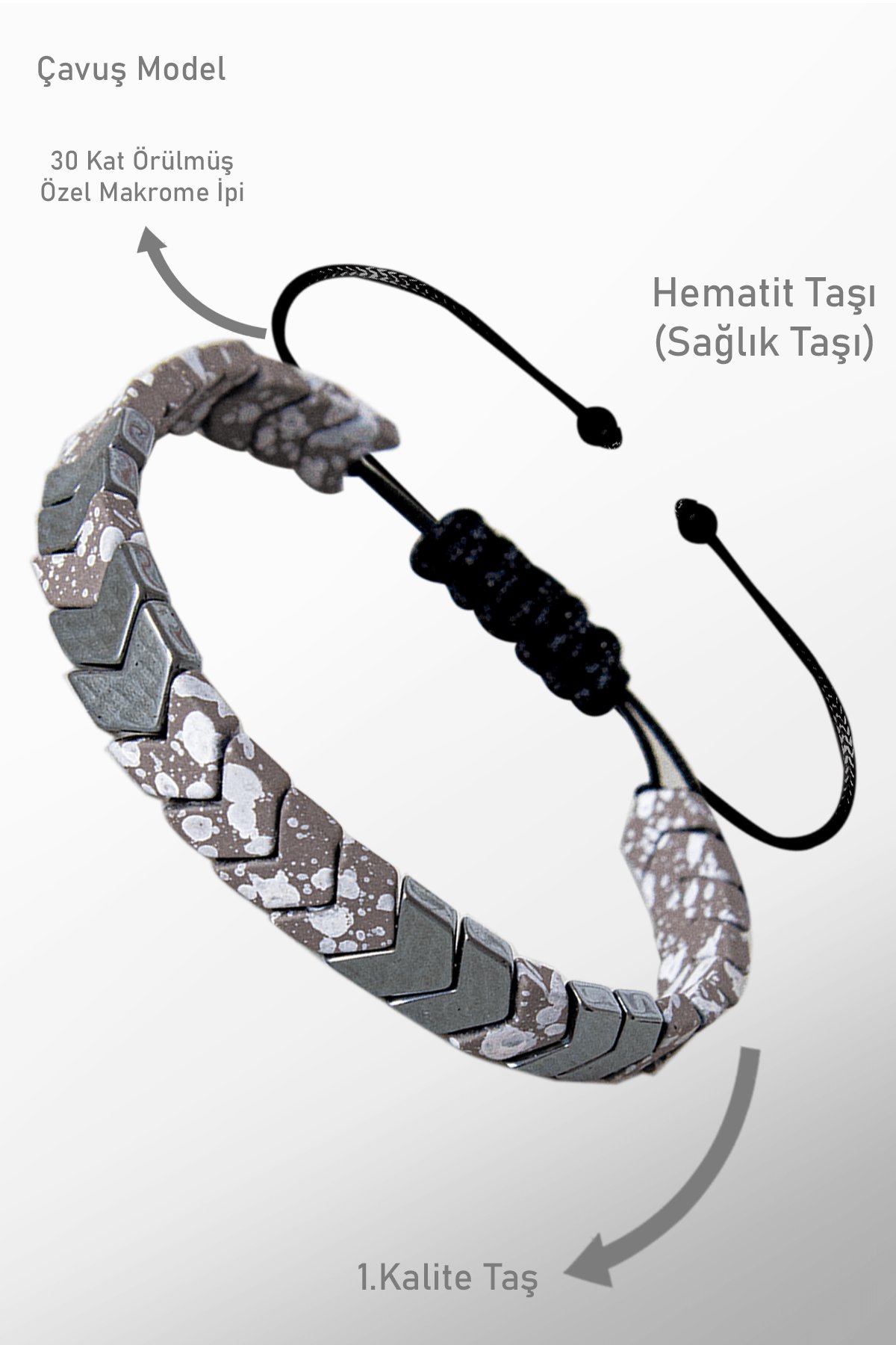 Sertifikalı Çavuş Model Gri Karlı Kuvars - Hematit Taşı Bileklik - Ayarlamalı