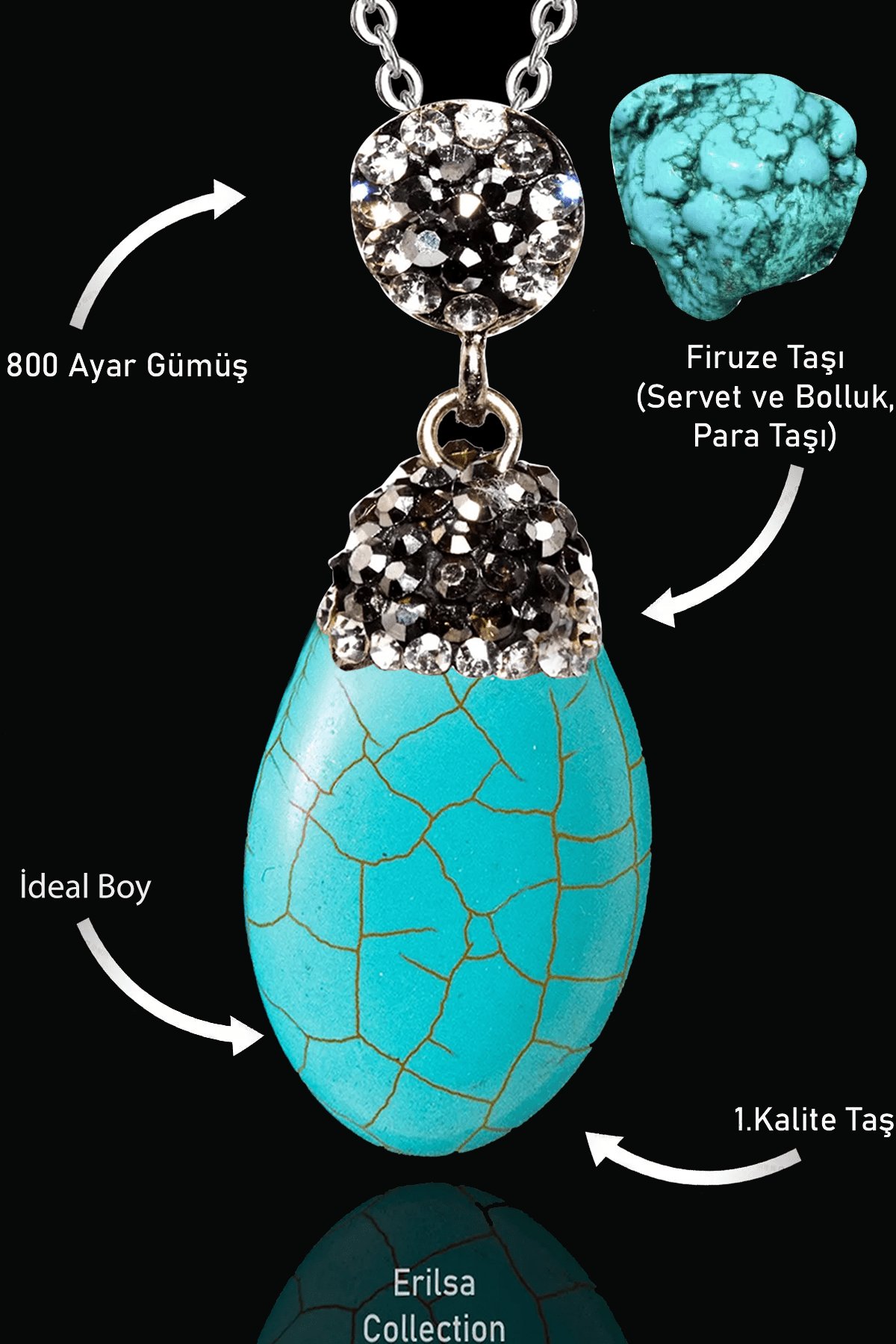 Sertifikalı Zirkon Taşlı XL Oval Model Firuze Taşı Kolye (Turkuaz Taşı)