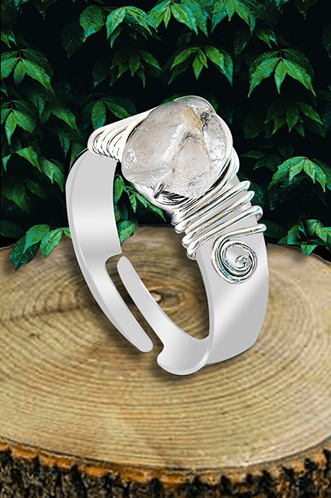 Sertifikalı Ham Kalın Tımbıl Gümüş Model Kristal Kuvars Taşı Yüzük - Ayarlamalı