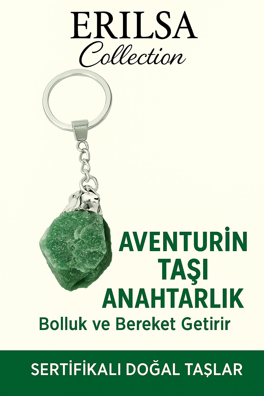 Sertifikalı Ham İşlenmemiş Aventurin Taşı Anahtarlık – Şans, Bolluk ve Denge Taşı
