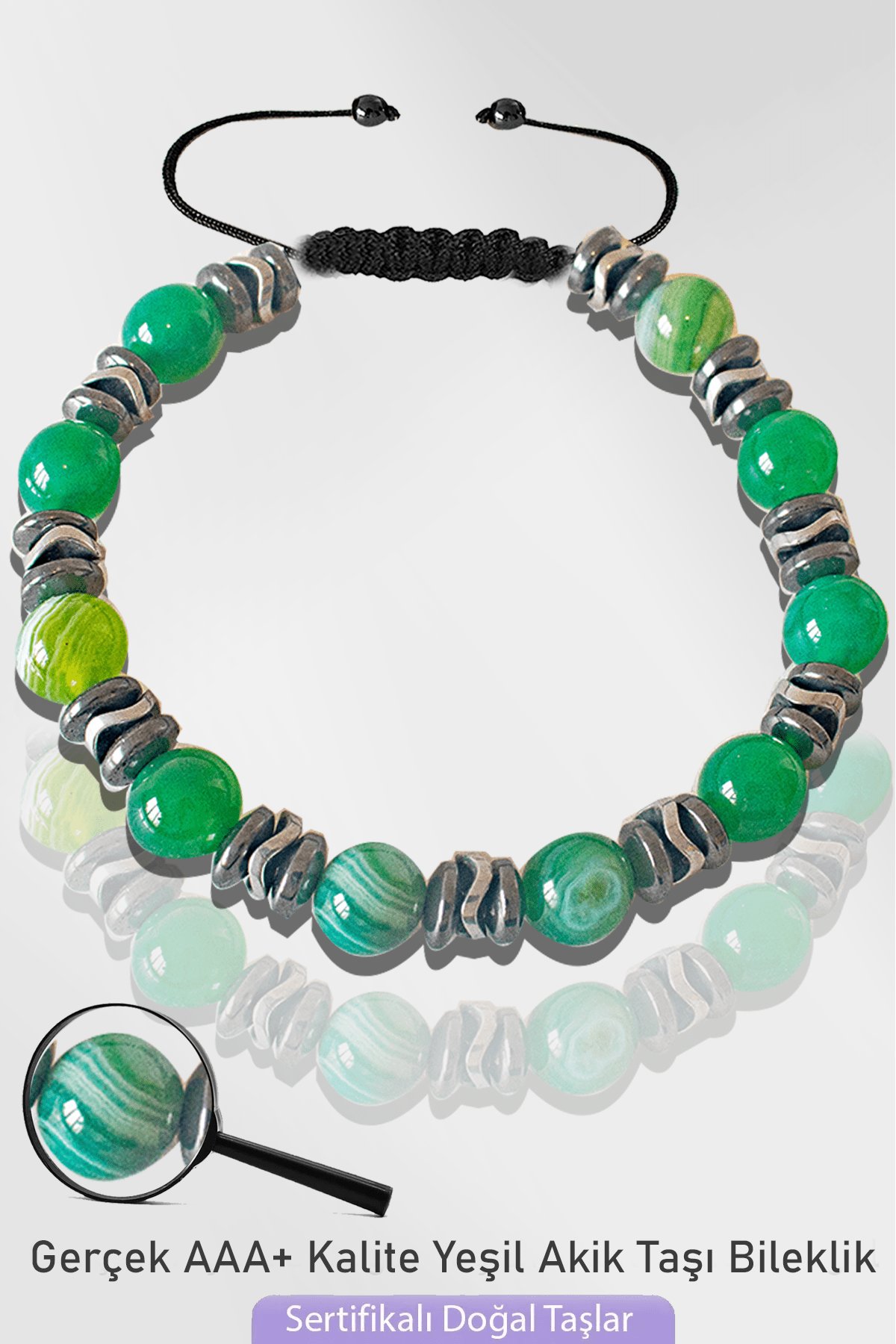 Sertifikalı Silver Hematitli Doğal Yeşil Akik Taşı Bileklik - Ayarlamalı