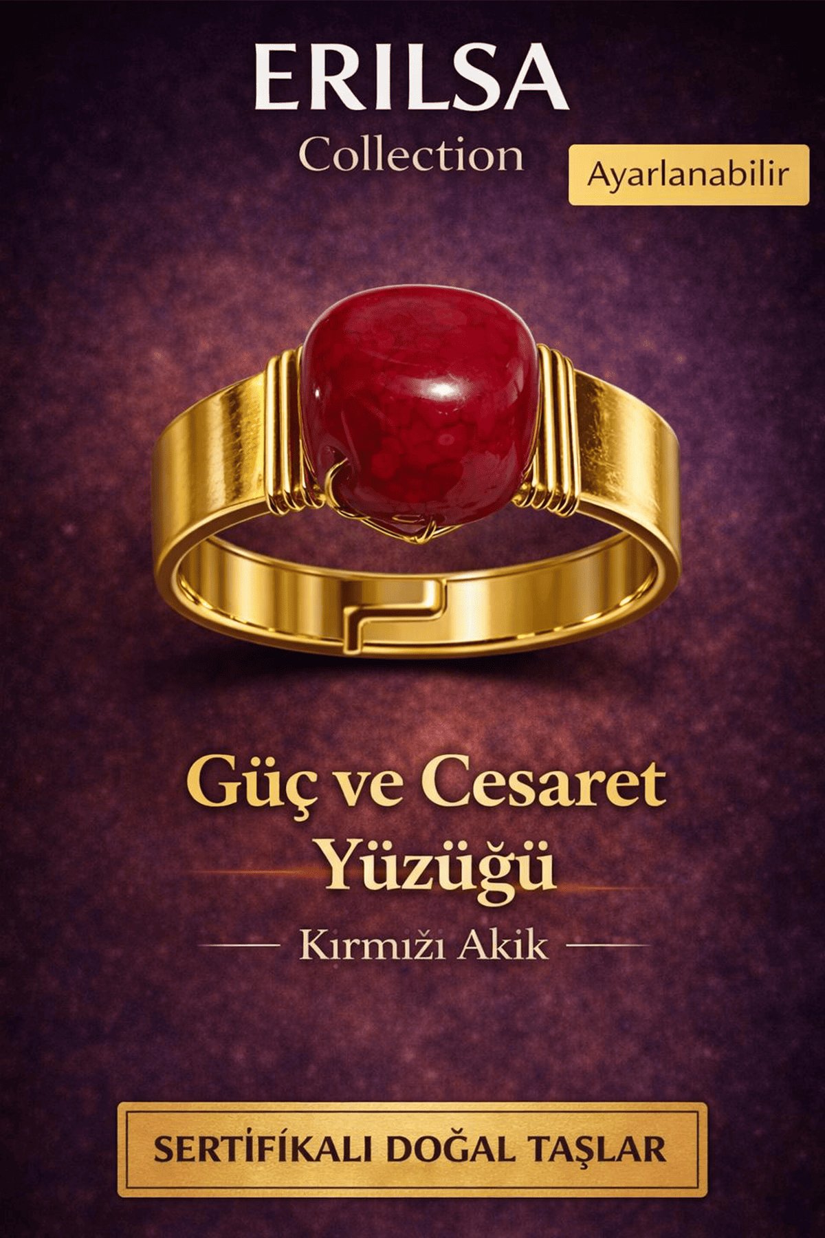 Sertifikalı Kırmızı Akik Doğal Taş Yüzük – Güç ve Cesaret Enerji Ayarlanabilir