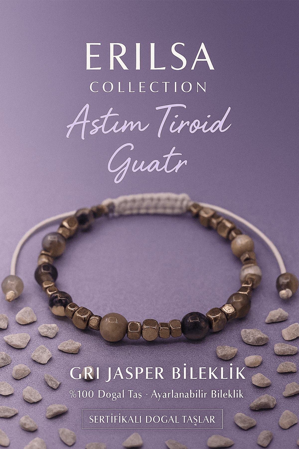 Sertifikalı Astım Tiroid ve Guatr Enerji Destek Bilekliği – Gri Jasper ve Terahertz Doğal Taş
