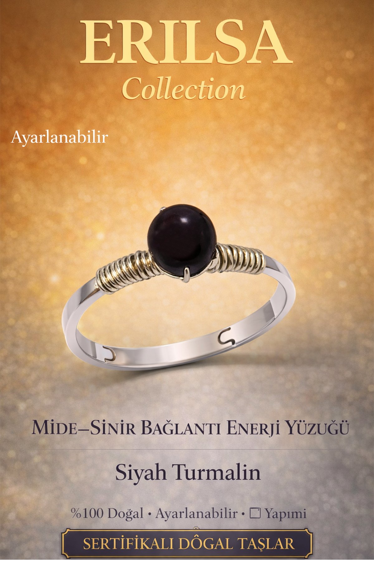 Sertifikalı Mide Sinir Bağlantı Enerji Yüzüğü – Siyah Turmalin Ayarlanabilir İnce Akrep Oğlak Başak