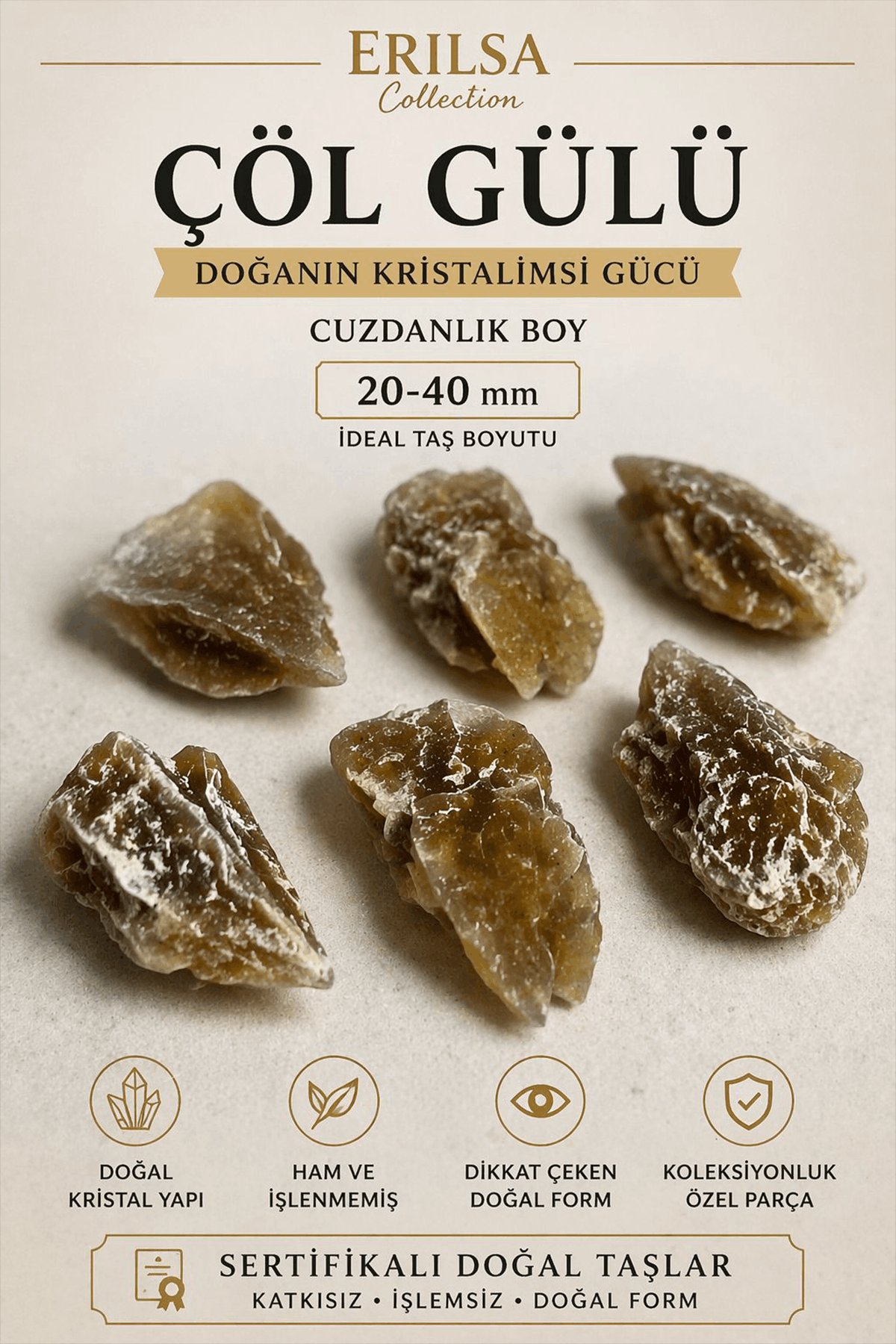 Sertifikalı Çöl Gülü Taşı Kütle - 20-40 mm Cüzdanlık Boy Doğal Kristal Toplu