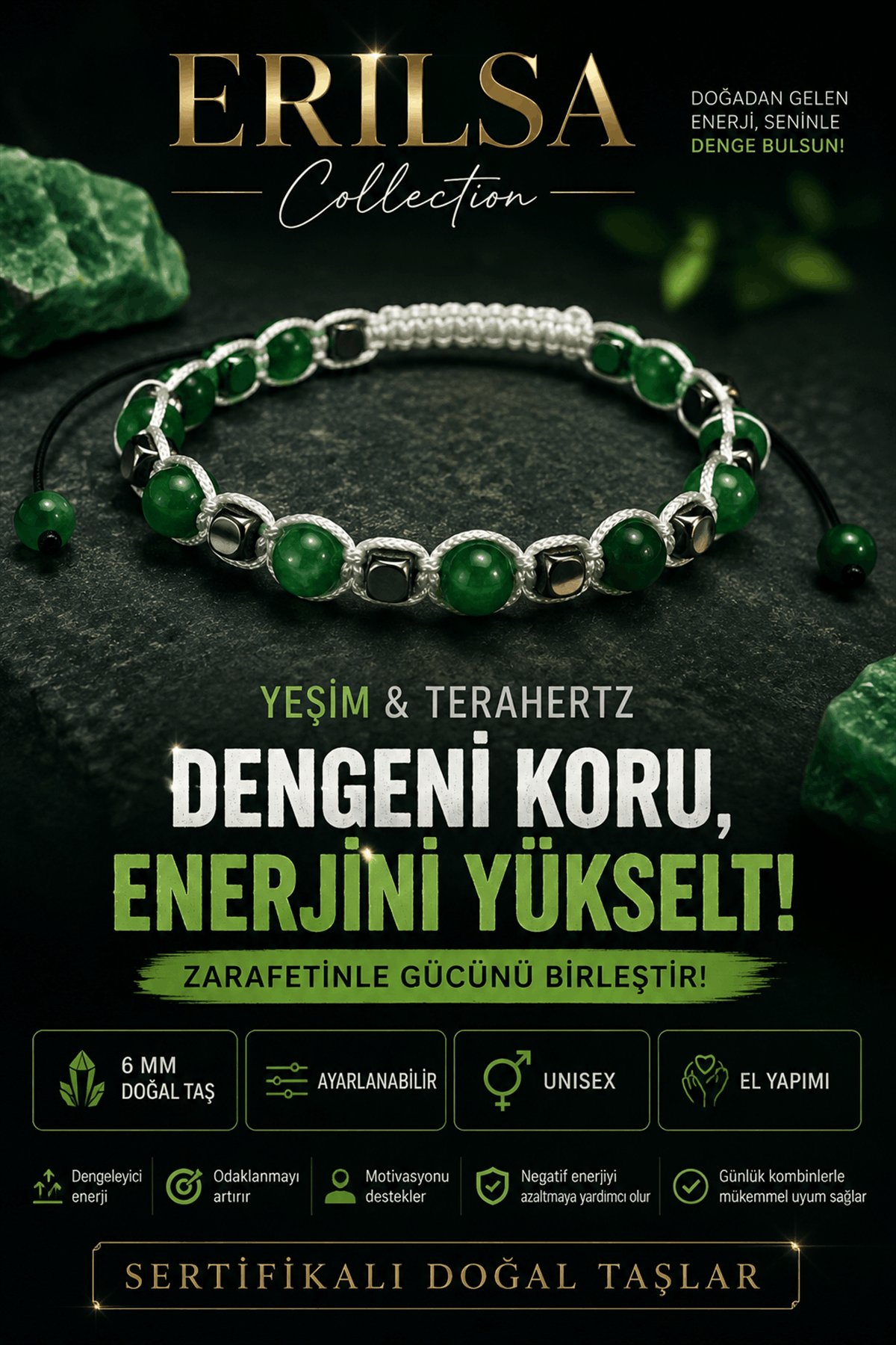 Sertifikalı Yeşim Terahertz Doğal Taş Bileklik Ayarlanabilir Unisex El Yapımı - Denge ve Zerafet