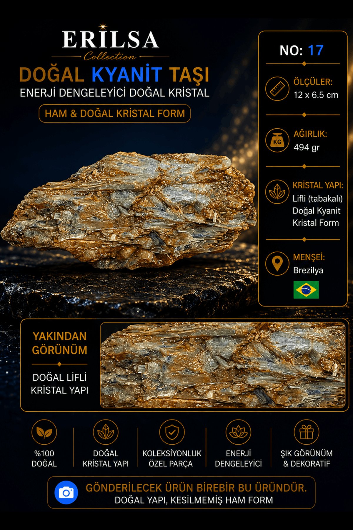 Sertifikalı Doğal Kyanit Taşı Ham Kristal Kütle Lifli Mineral Kaya No 17