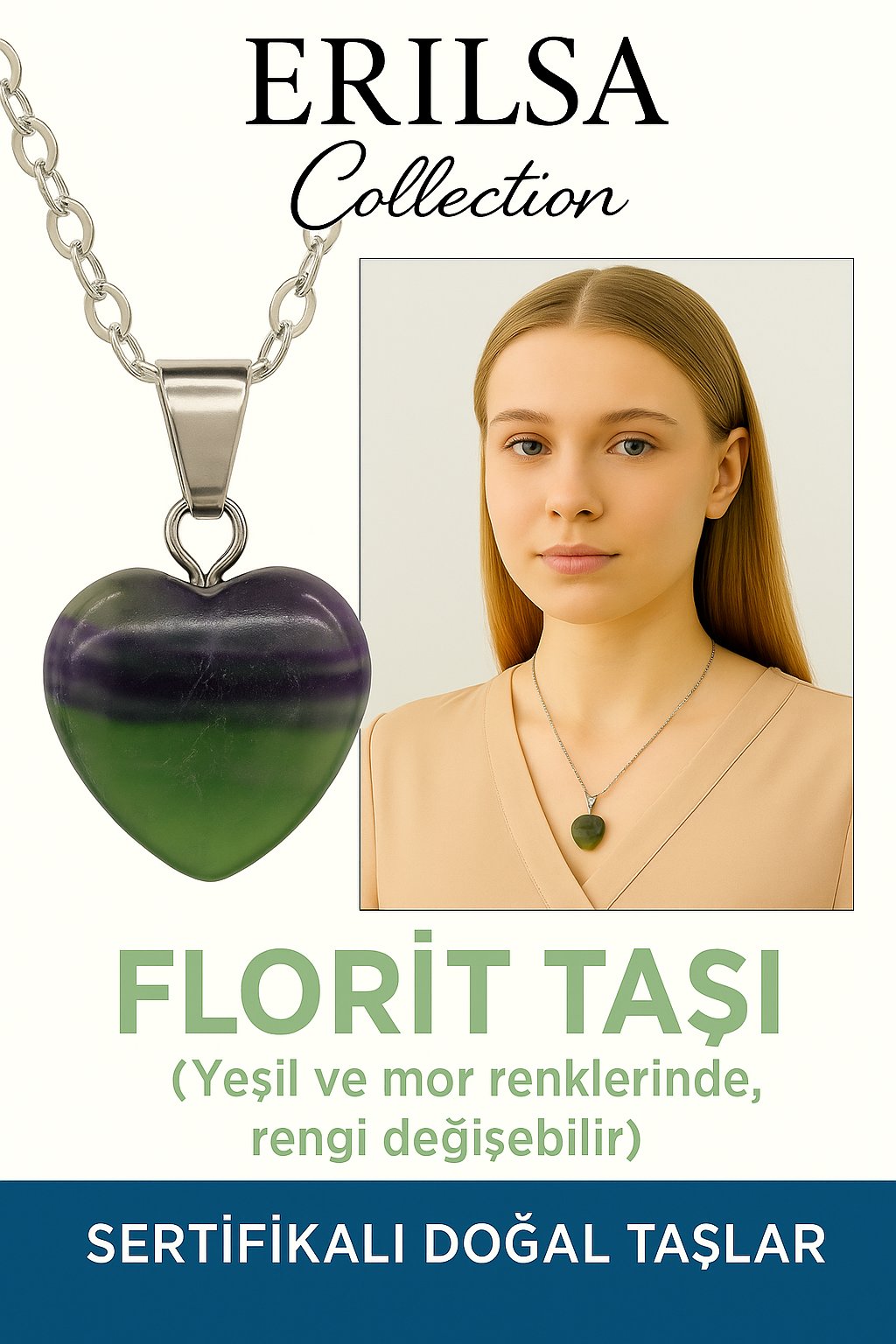 Sertifikalı Kalp Model Yeşil ve Mor Florit Kolye – Zihinsel Berraklık ve Enerji Dengeleyici Taş