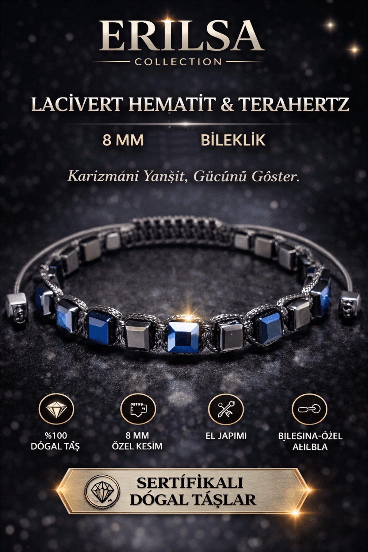 Sertifikalı Lacivert Hematit Terahertz Bileklik - 8 MM Doğal Taş Unisex Ayarlanabilir