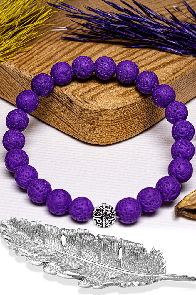 Sertifikalı Volkanik Mor Lav Taşı Bileklik - Gümüş Aparatlı