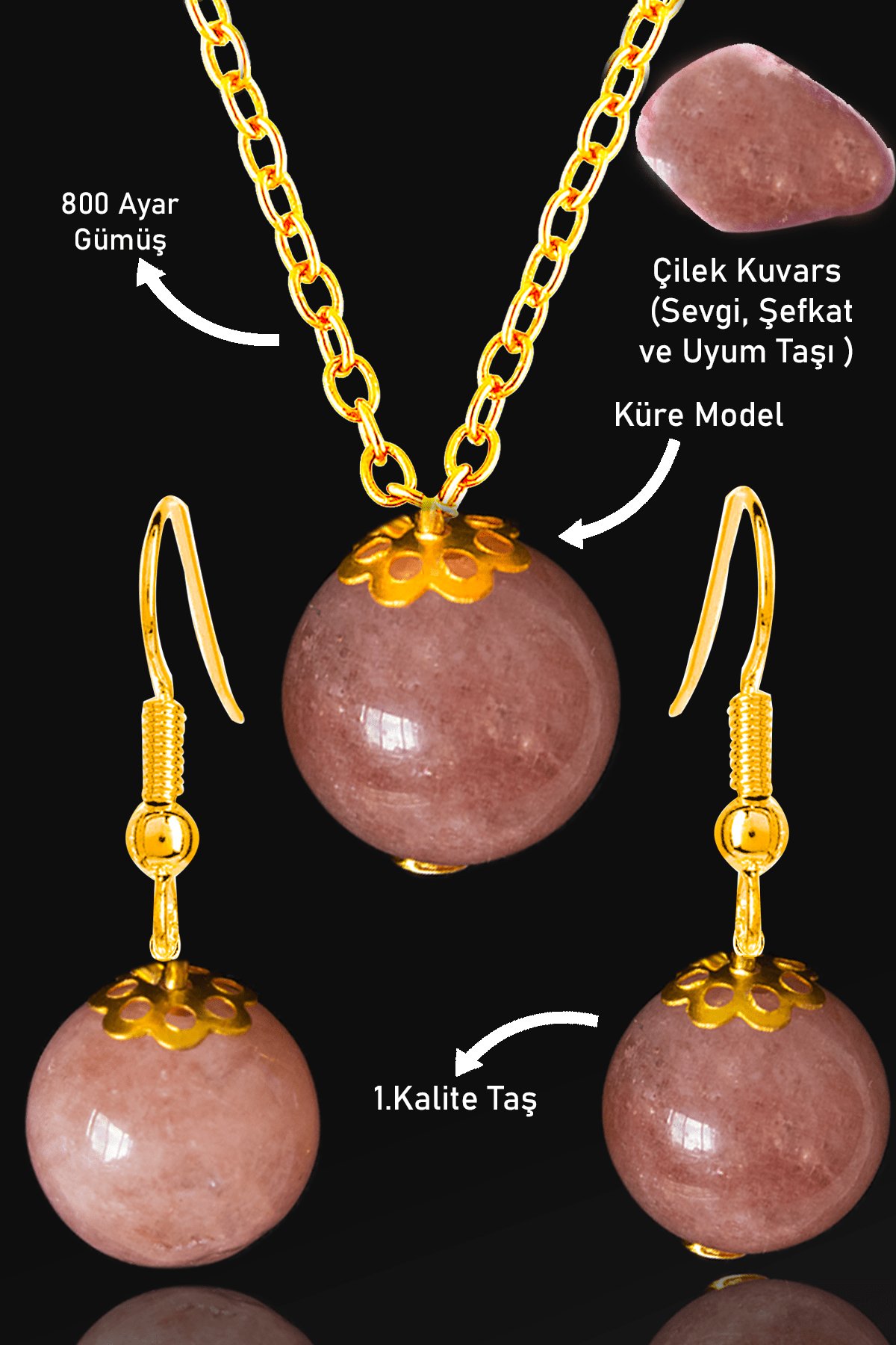Sertifikalı Gold Küre Orijinal Çilek Kuvars Taşı Kolye ve Küpe Seti - Gümüş Aparatlı