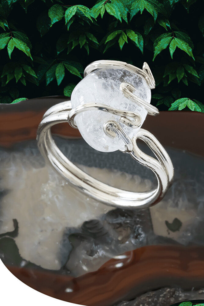 Sertifikalı Gümüş Rokoko Model Kristal Kuvars Taşı Yüzük - Ayarlamalı