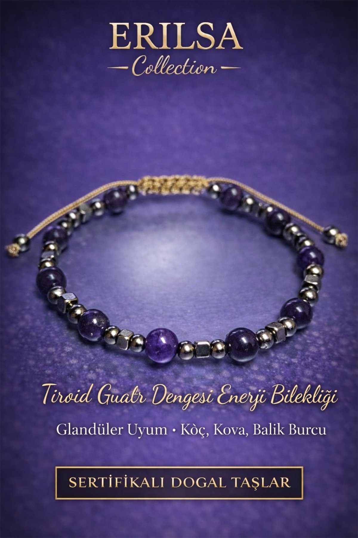 Sertifikalı Tiroid Ve Guatr Denge Enerji Bilekliği – Koyu Renk Ametist Taşı Terahertz 6mm Doğal Taş