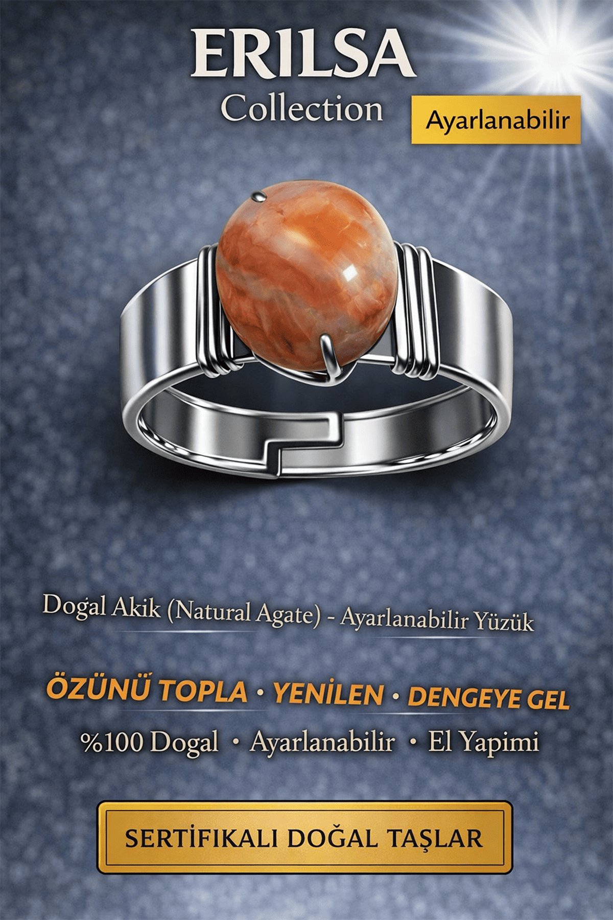 Doğal Kalsedonlu Akik Taşı Ayarlanabilir Yüzük – Enerji Dengeleyici Şifa Taşı El Yapımı