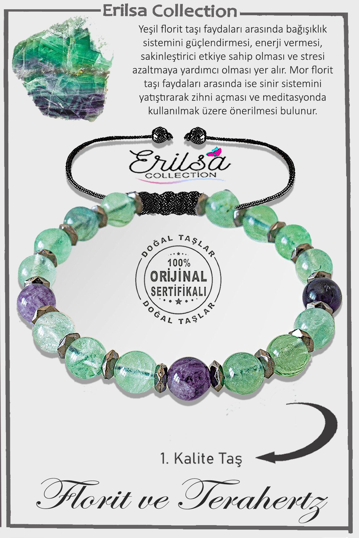 Sertifikalı Silver Hematit - Florit Taşı Bileklik - Ayarlamalı