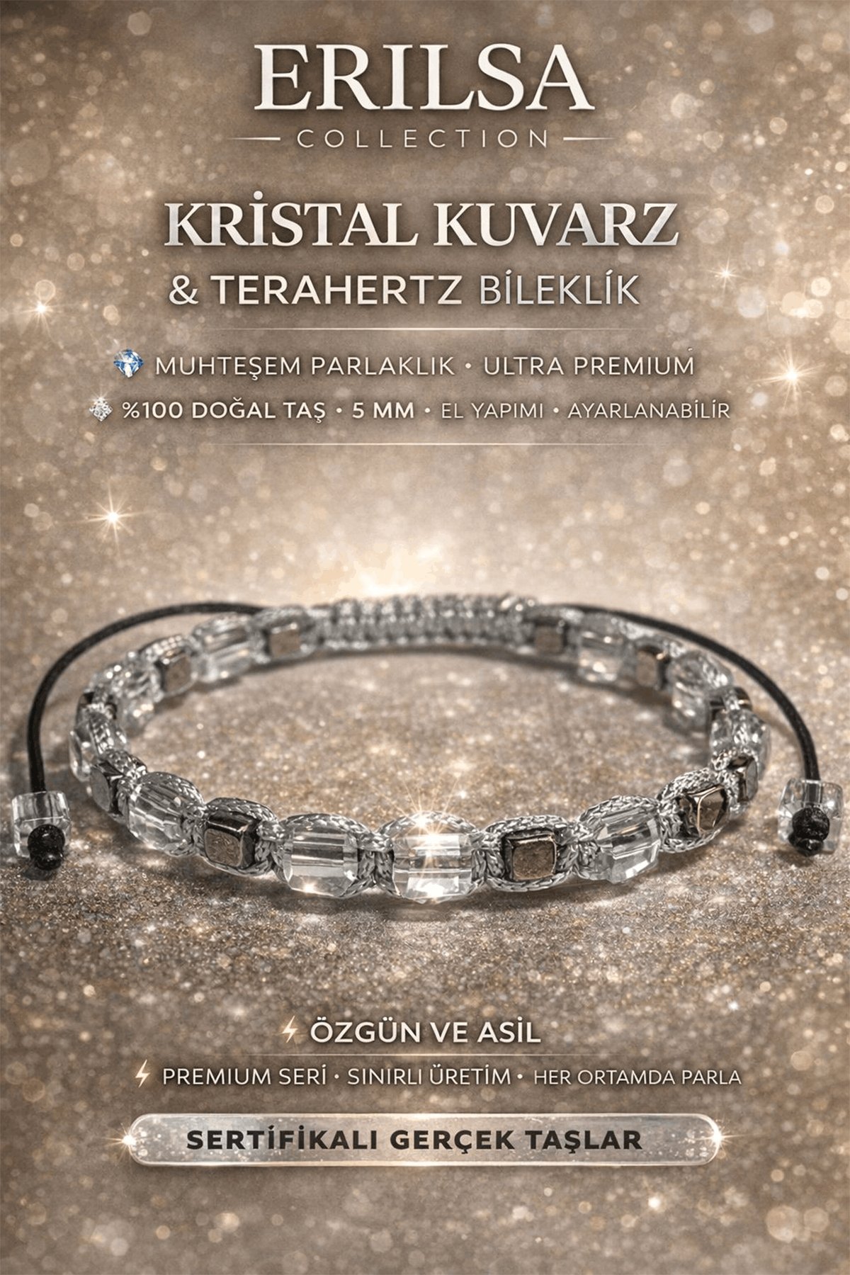 Sertifikalı Pozitif Enerji ve Denge Bilekliği – Kristal Kuvars ve Terahertz Doğal Taş 4 mm