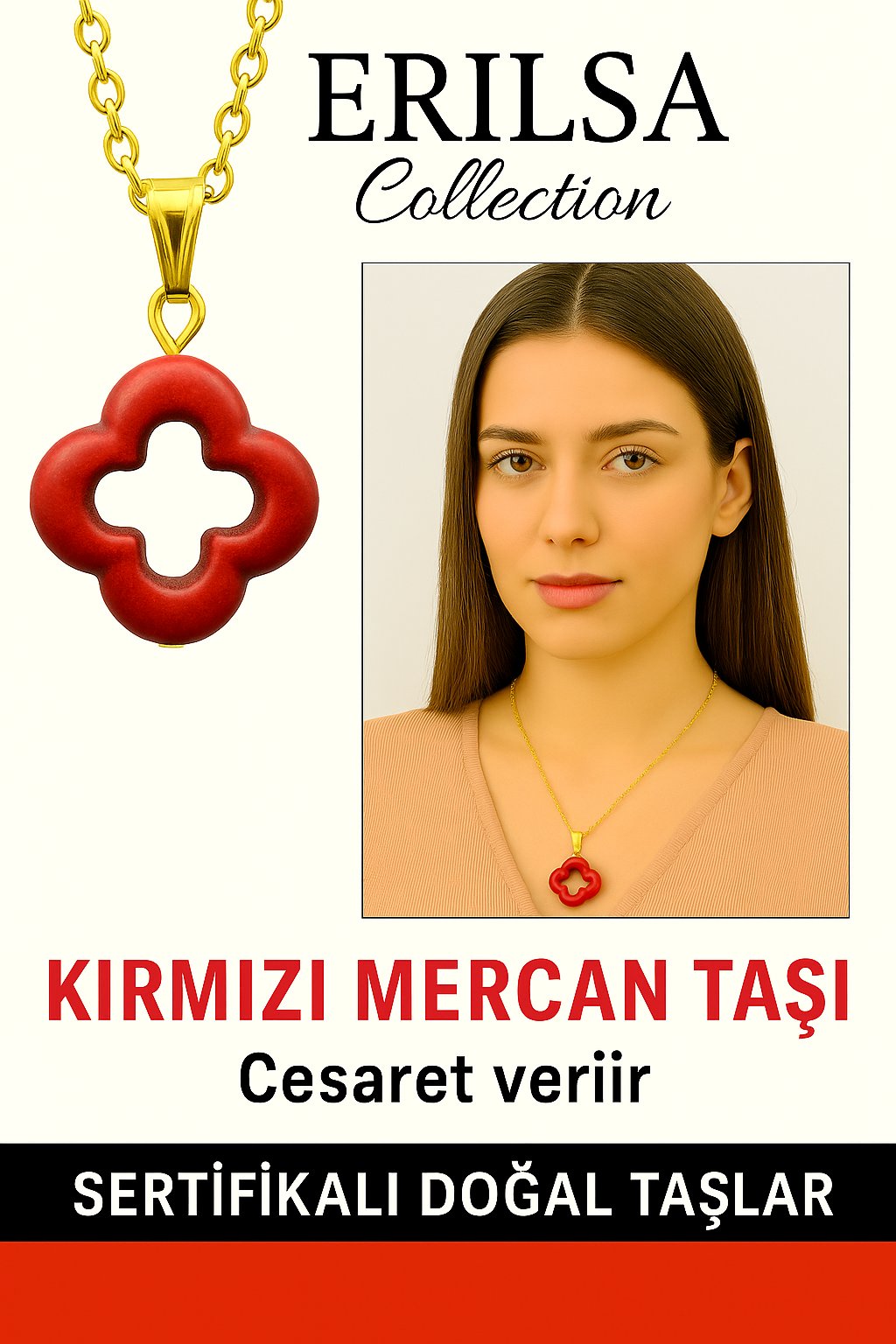 Sertifikalı Gold Yonca Model Kırmızı Mercan Taşı Kolye Cesaret Verir