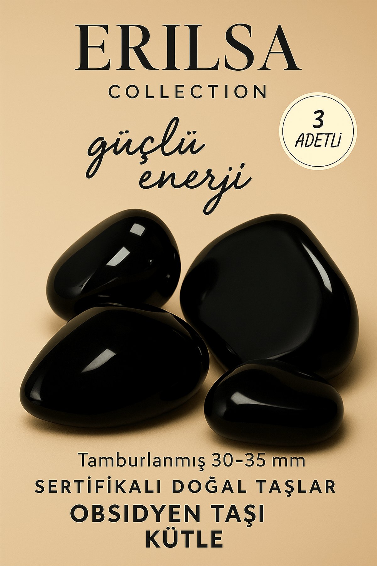 Sertifikalı Tamburlanmış Doğal Obsidyen Taşı Kütle (3 Adet – 30-35 mm) Negatif Enerji Kalkanı