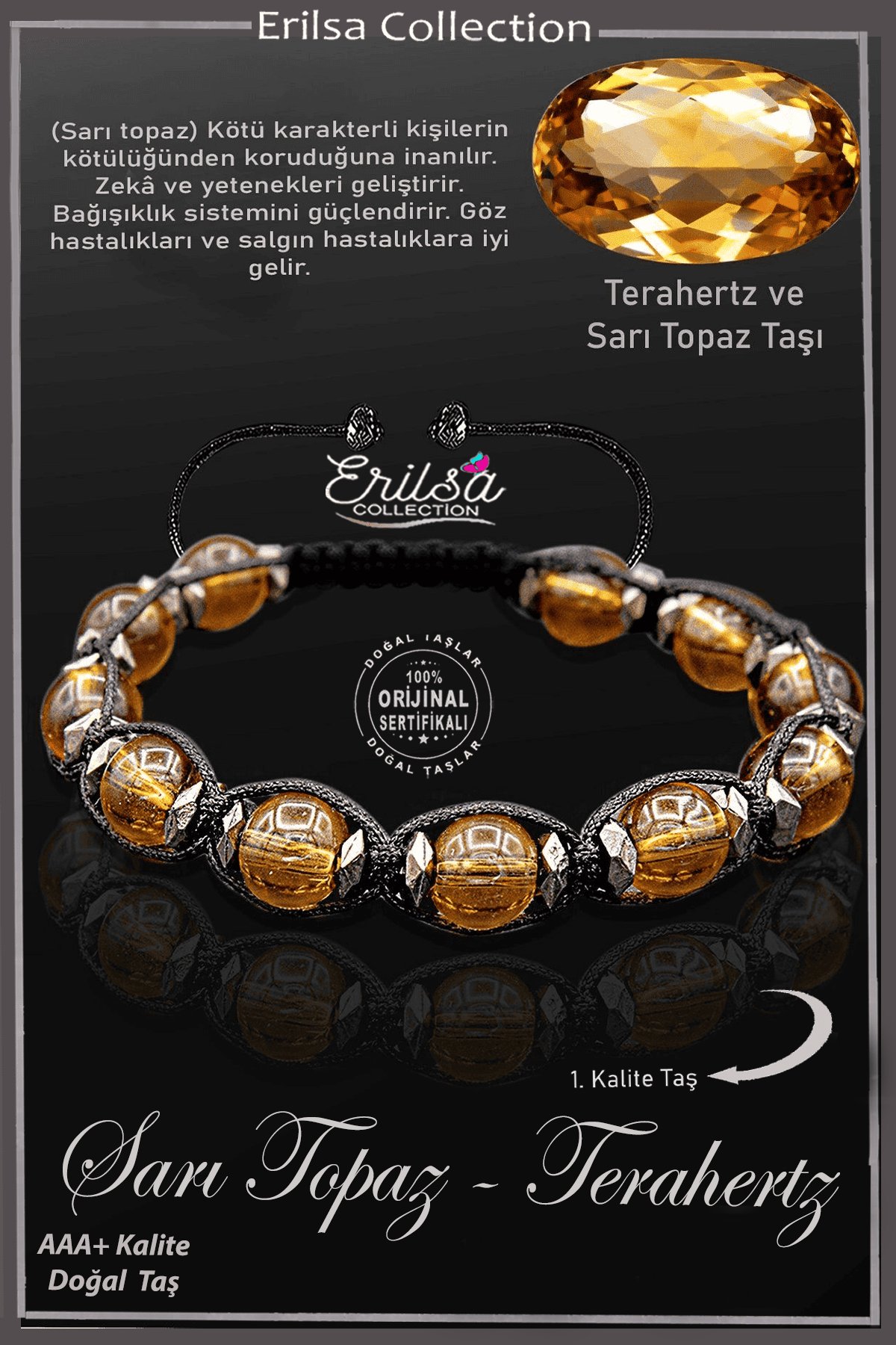 Sertifikalı Terahertz - Sarı Topaz Taşı Bileklik - Ayarlamalı