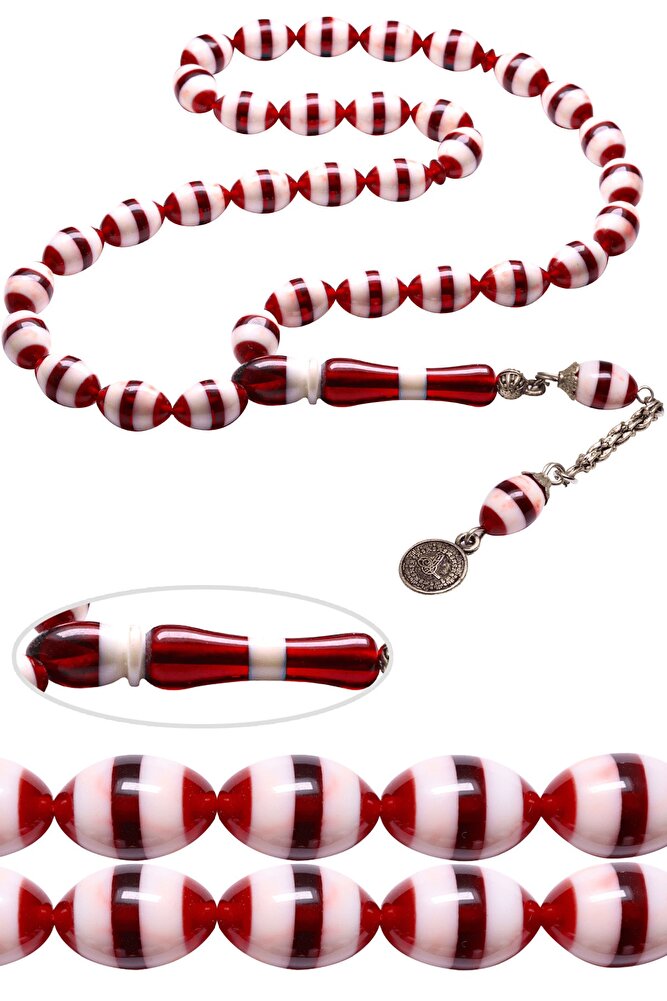 Sertifikalı Beyaz Kırmızı Renkli Sürmeli Toz Kehribar Tesbih