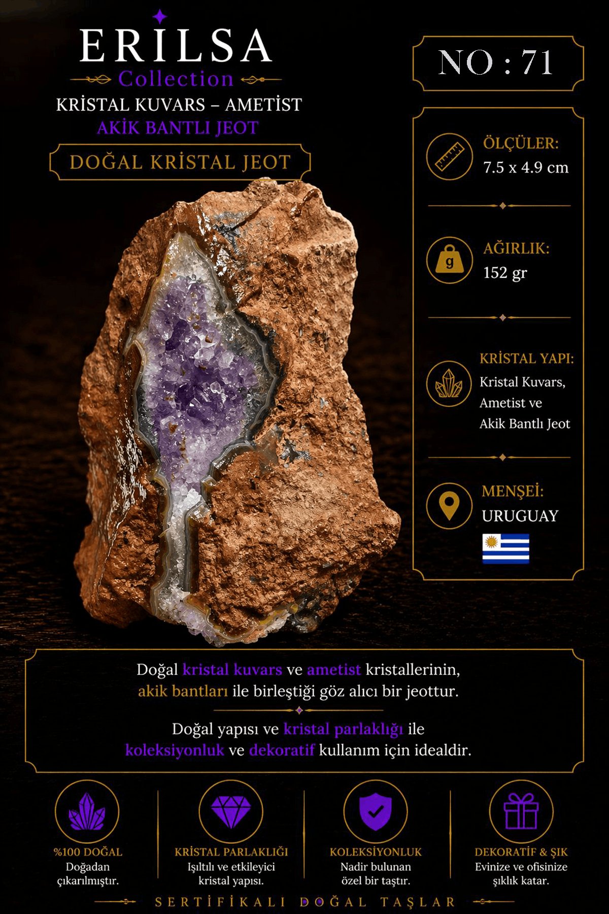 Sertifikalı Doğal Ametist Jeodu Akik Bantlı Kristal Kuvars Ham Kaya Uruguay NO71