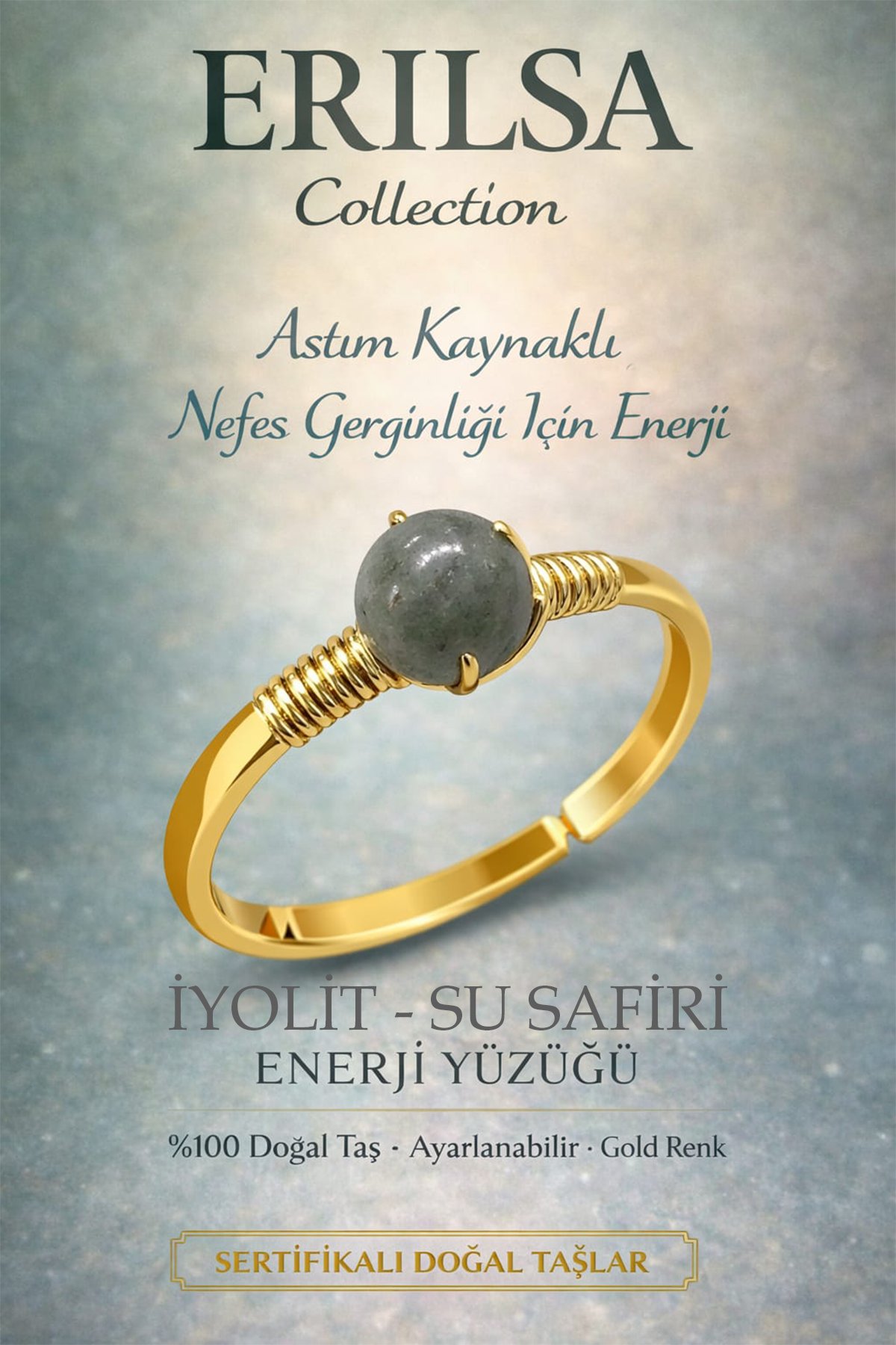 Sertifikalı Nefes Rahatlatıcı Enerji Yüzüğü – İyolit Taşı Ayarlamalı Gold İnce Kasa Balık Yay Burcu