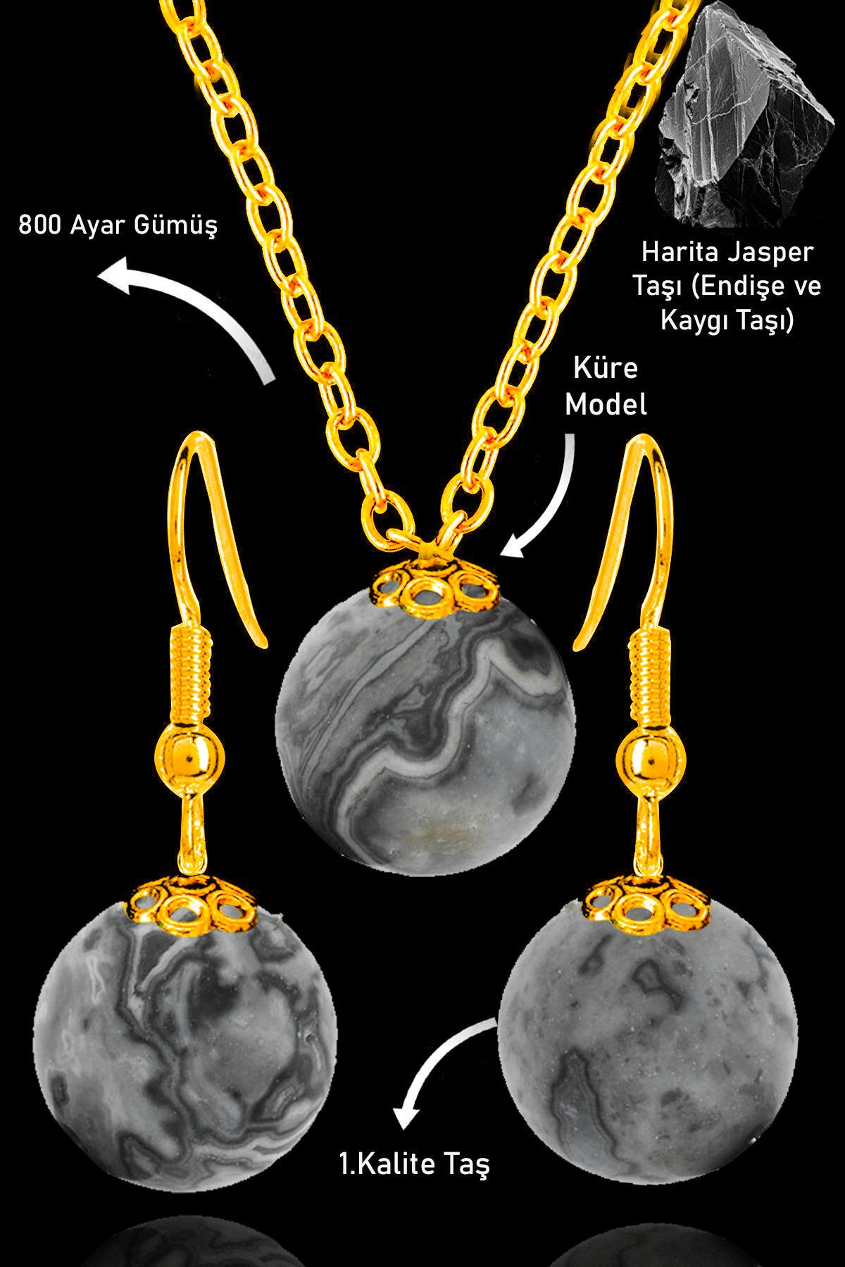 Sertifikalı Gold Küre Model Harita Jasper Taşı Kolye ve Küpe Seti - Gümüş Aparatlı