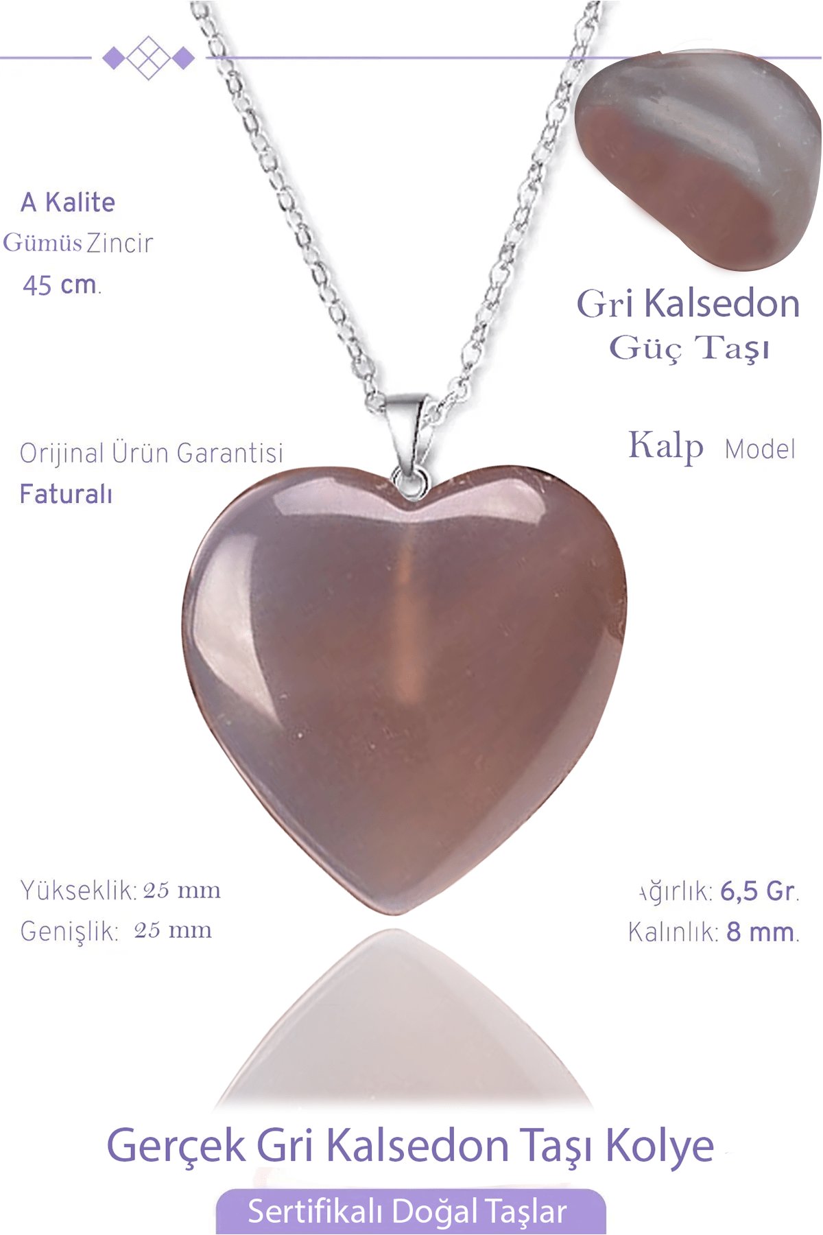 Sertifikalı Gerçek Kalp Model Gri Kalsedon Taşı Kolye