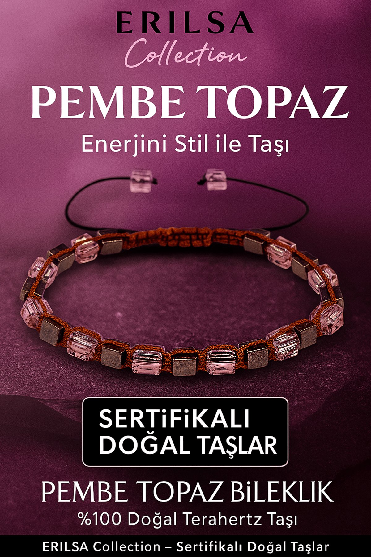 Sertifikalı Küp Kesim Terahertz - Pembe Topaz Doğal Taş Bileklik - İnce Model