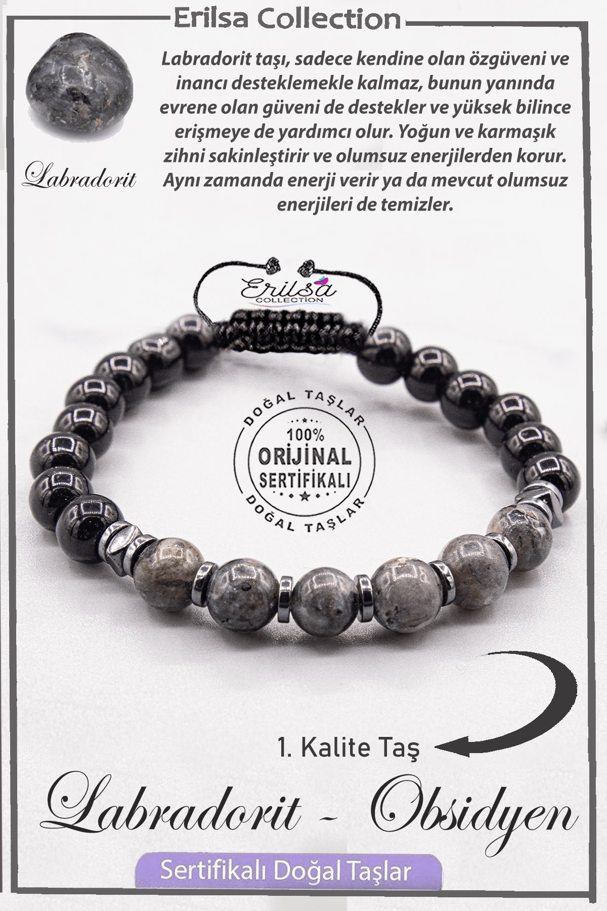 Sertifikalı AAA+ Kalite Gerçek Obsidyen  - Labradorit Taşı Bileklik