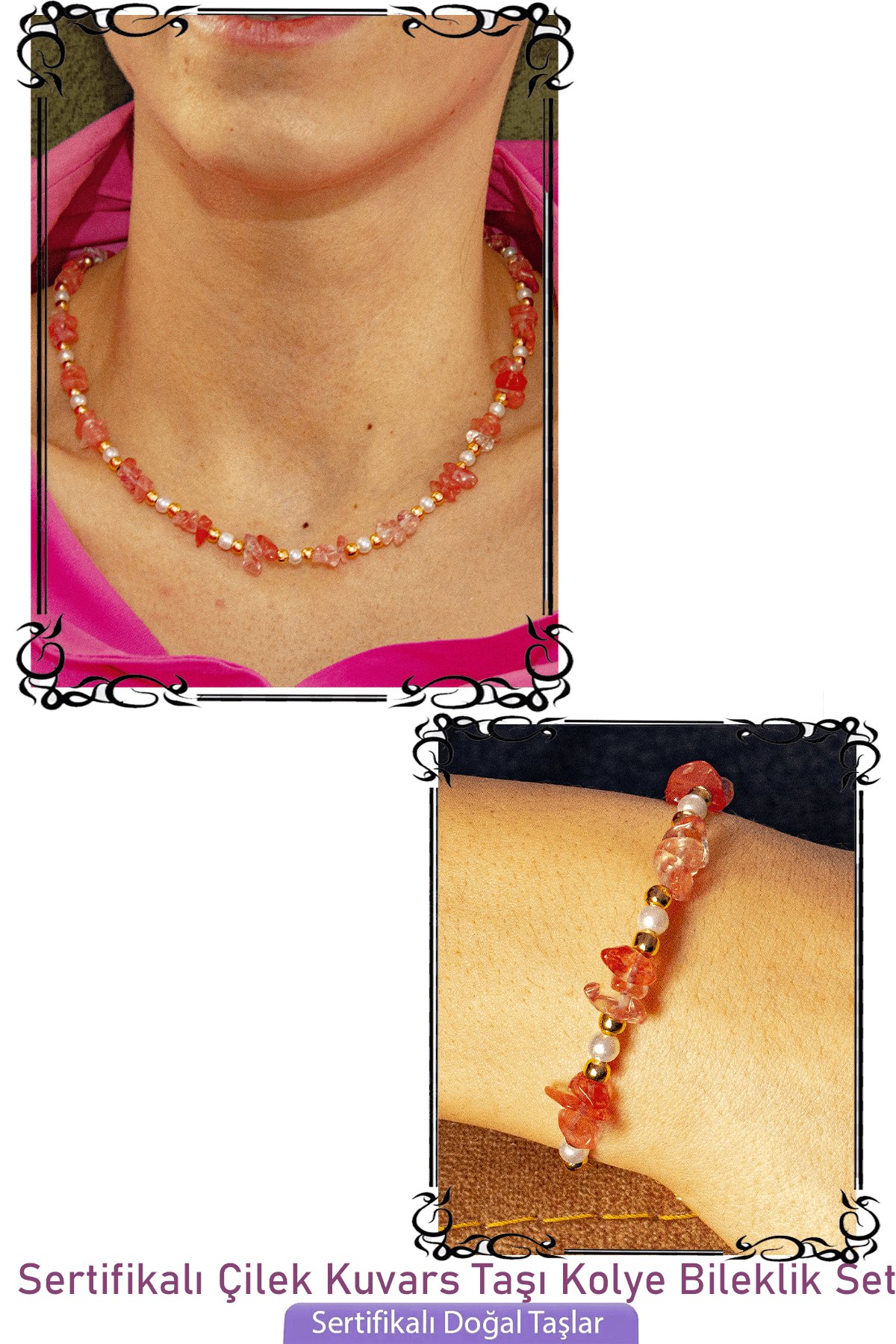 Sertifikalı İncili Çilek Kuvars Taşlı Doğal Taş Kolye Bileklik Seti