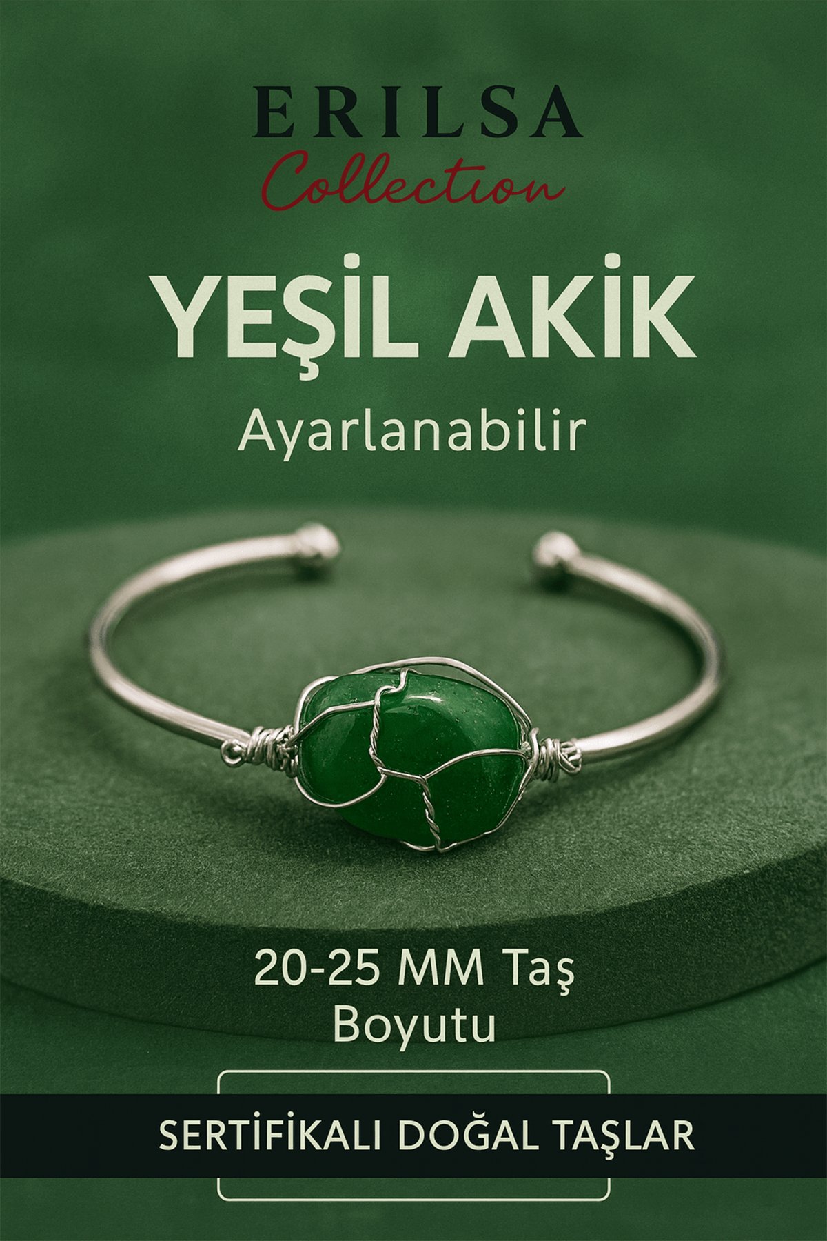 Sertifikalı Doğal Yeşil Akik Taşı Gümüş Kaplama Ayarlanabilir Bileklik – Şifa ve Huzur Taşı