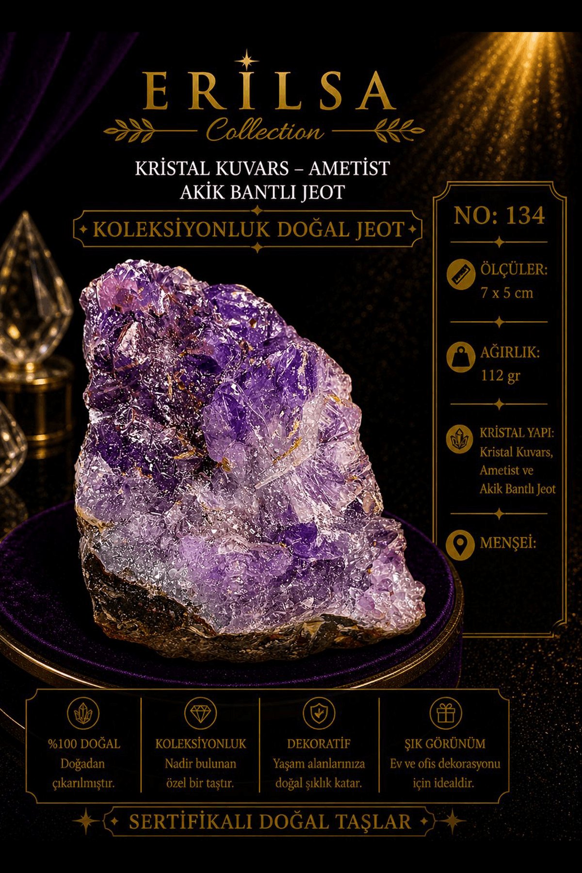 Sertifikalı Kristal Kuvars Ametist Akik Bantlı Jeot Koleksiyonluk Doğal Taş Dekoratif Obje NO 134