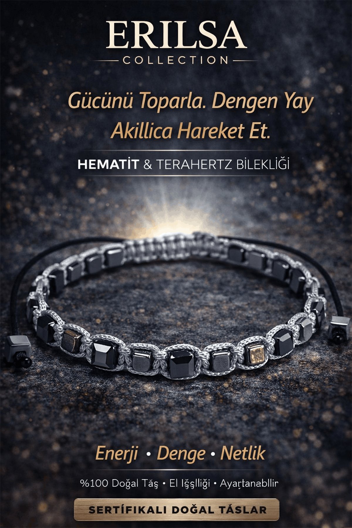 Sertifikalı Doğal Taş Hematit Terahertz Bileklik - Küp Kesim Fasetli Erkek Bileklik Şık Modern