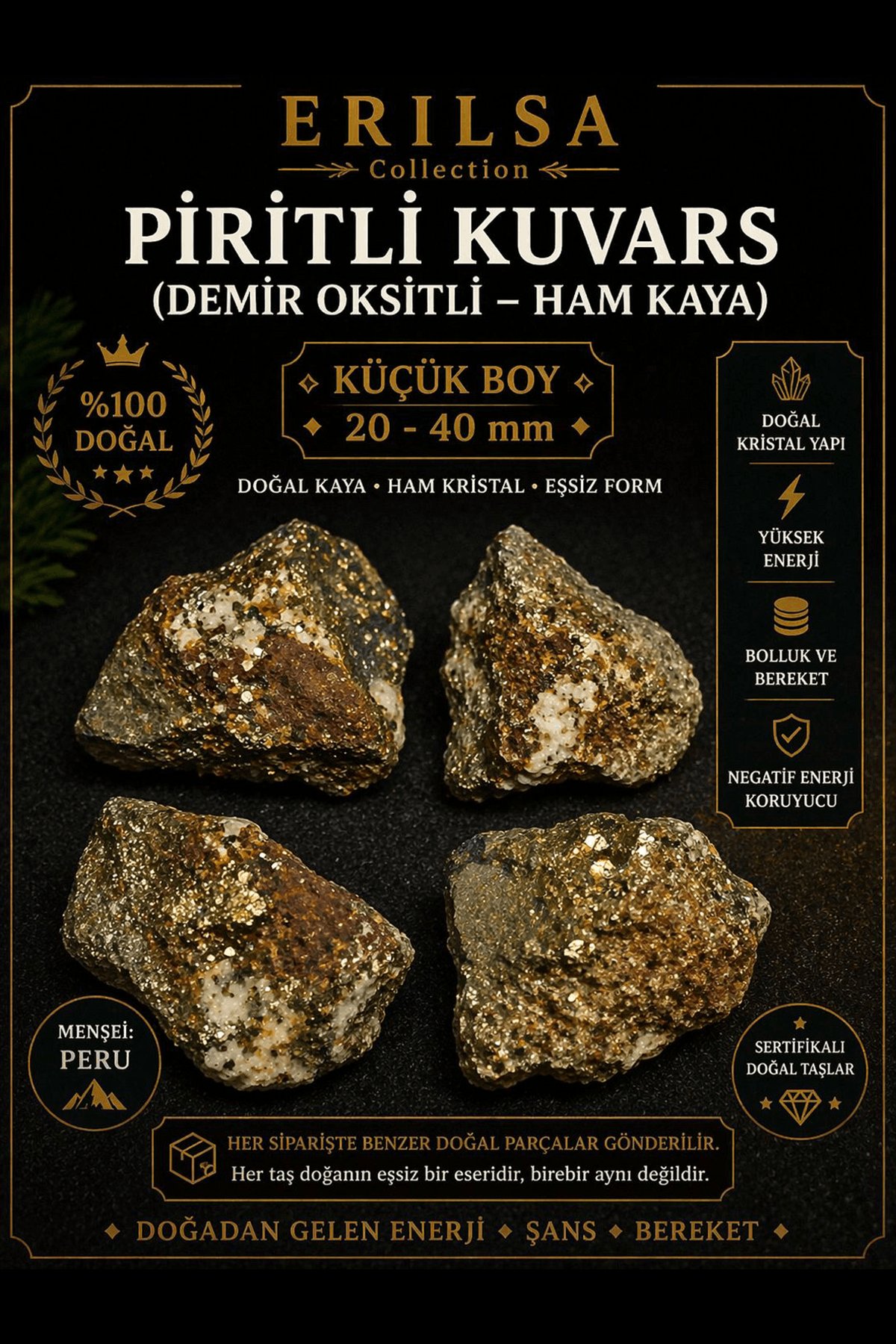 Sertifikalı Piritli Kuvars Demir Oksitli Kütle Doğal Ham Kaya 20-40 mm Küçük Boy