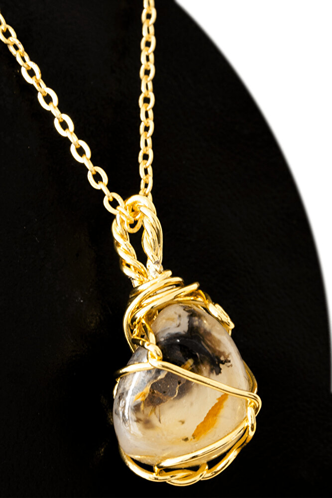 Sertifikalı Tel Sargılı Gri Akik Taşı Kolye - Altın Kaplama