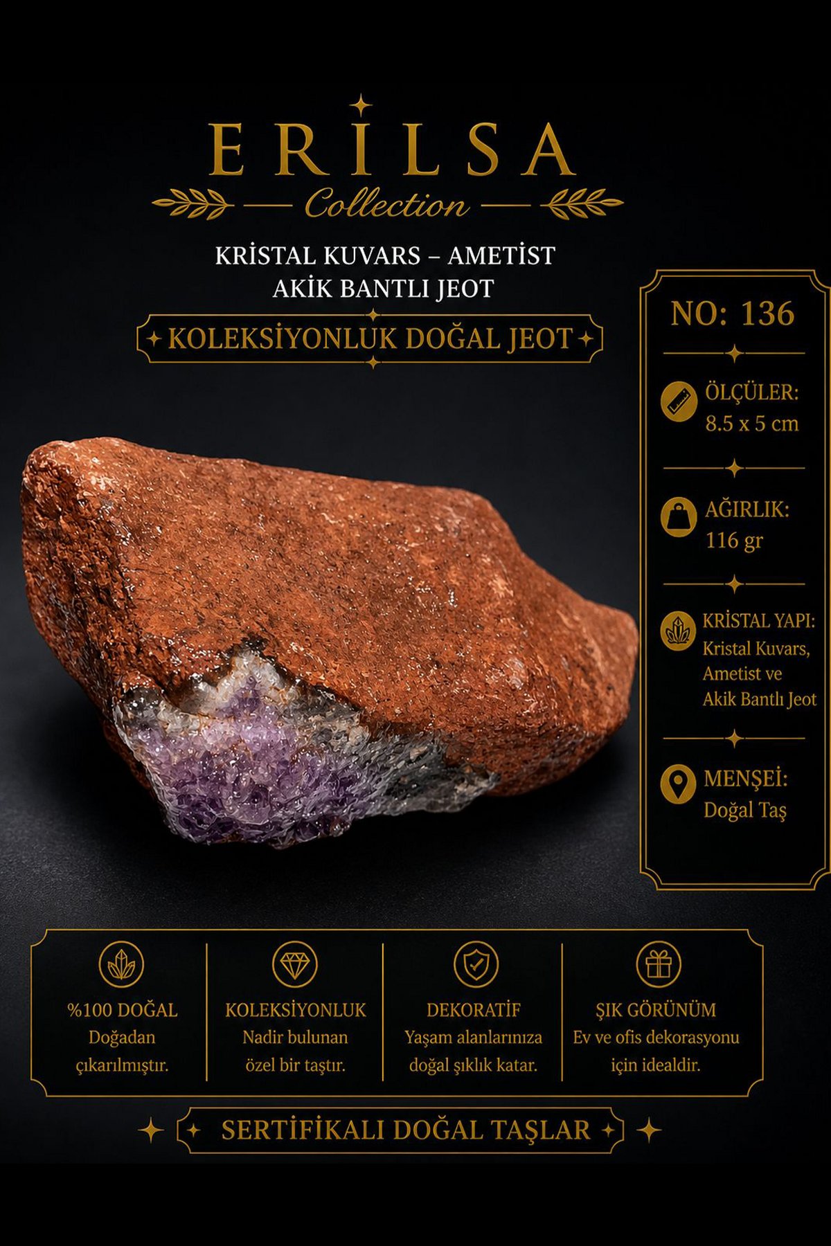 Sertifikalı Kristal Kuvars Ametist Akik Bantlı Jeot Koleksiyonluk Doğal Taş Dekoratif Obje NO 136