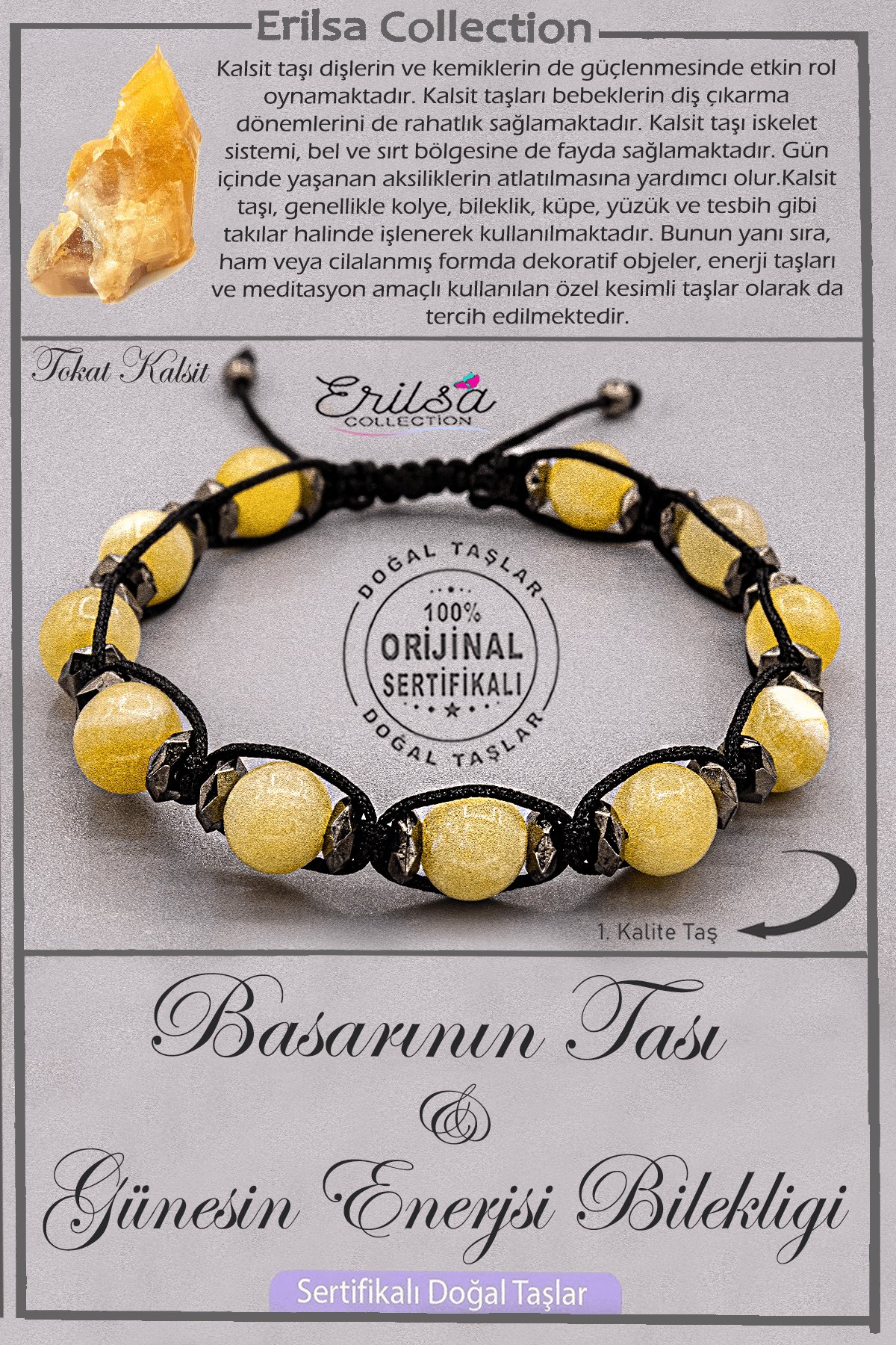 Sertifikalı AAA+ Kalite Doğal Tokat Kalsit Taşı - Başarının Taşı Güneşin Enerjisi Bilekliği