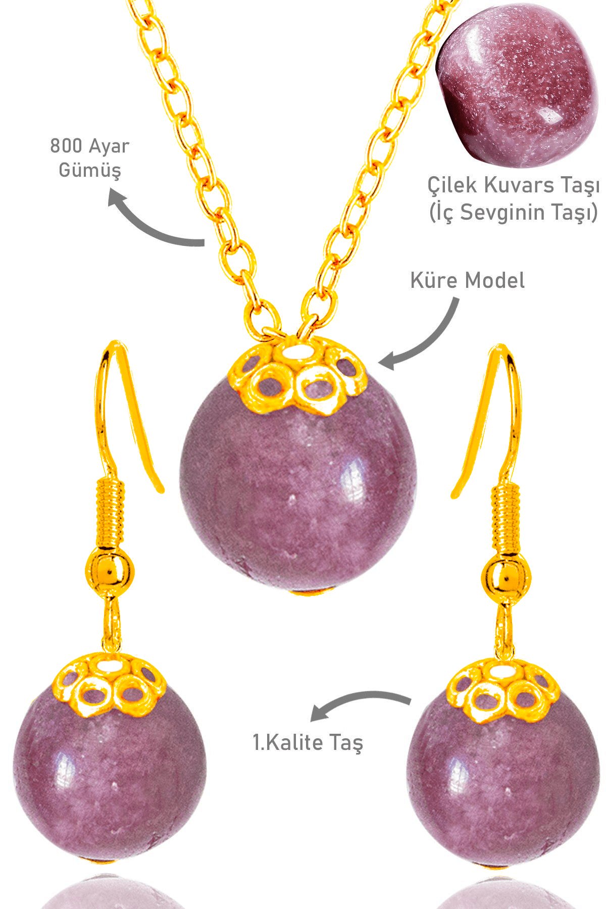 Sertifikalı Gold Küre Model Çilek Kuvars Taşı Kolye ve Küpe Seti - Gümüş Aparatlı