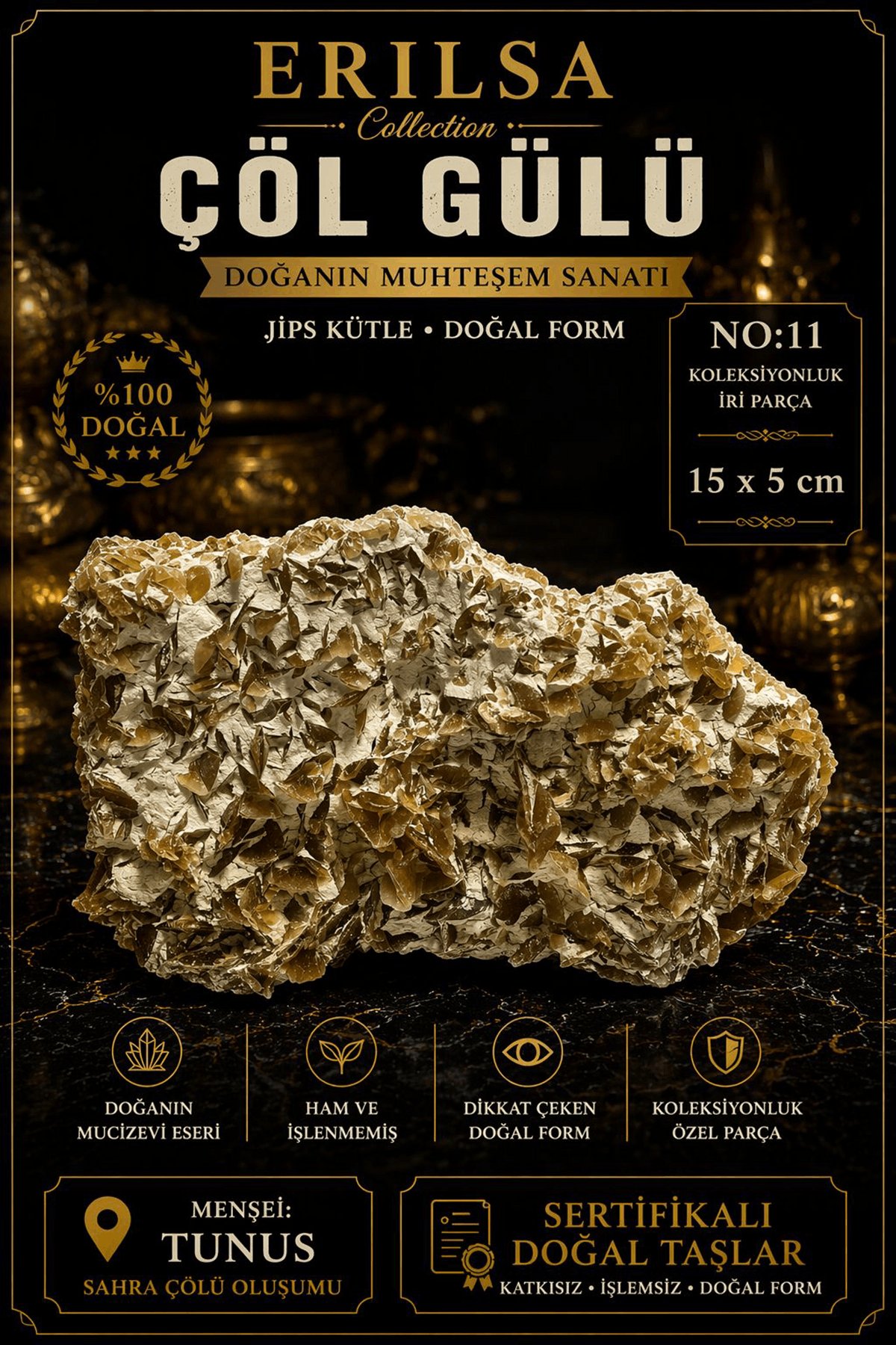 Sertifikalı Çöl Gülü Taşı Kütle - 15x5 cm Koleksiyonluk İri Doğal Jips Kütle