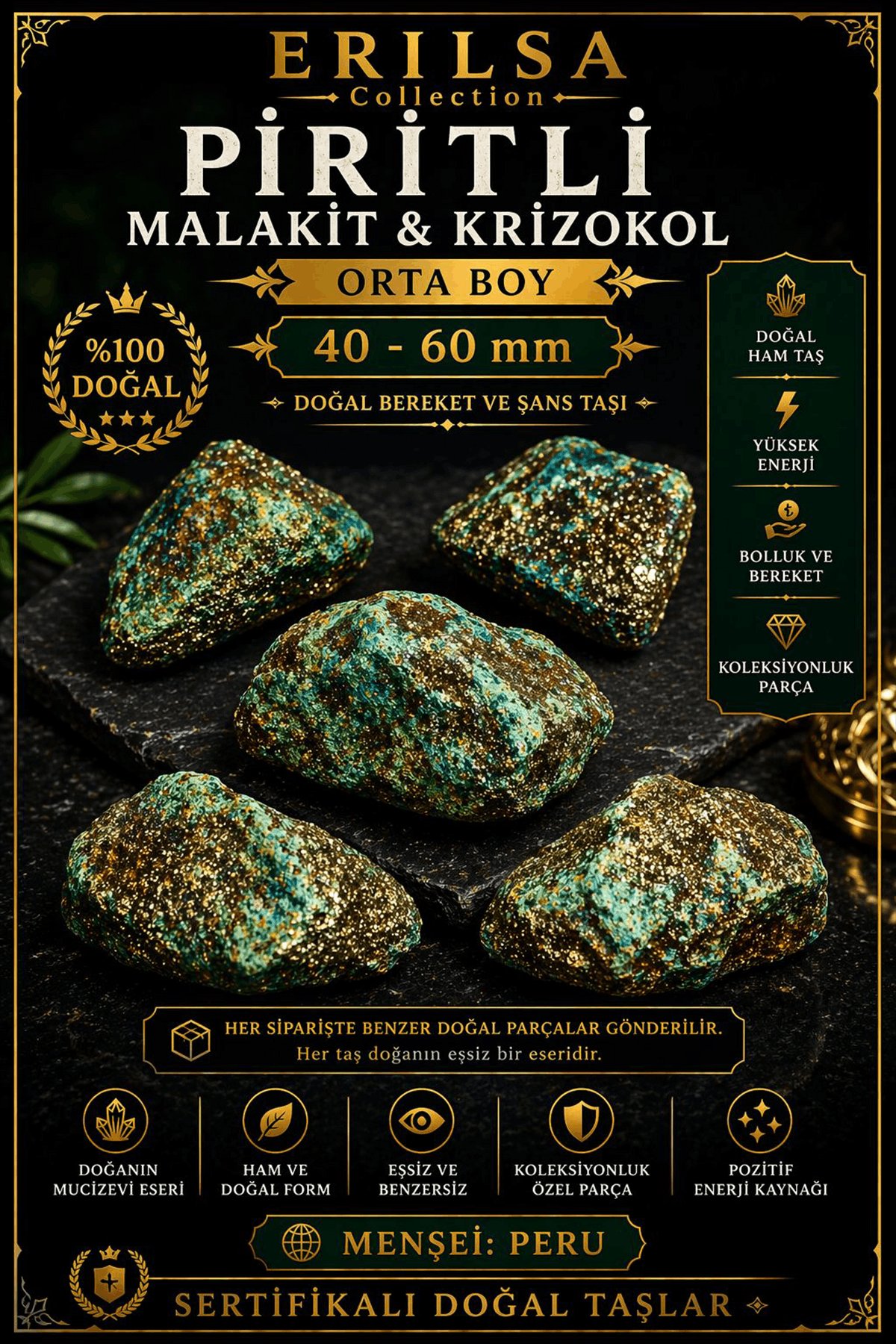 Sertifikalı Doğal Piritli Malakit Krizokol Taşı Kütle - 40-60 mm Orta Boy Ham Taş Koleksiyonluk