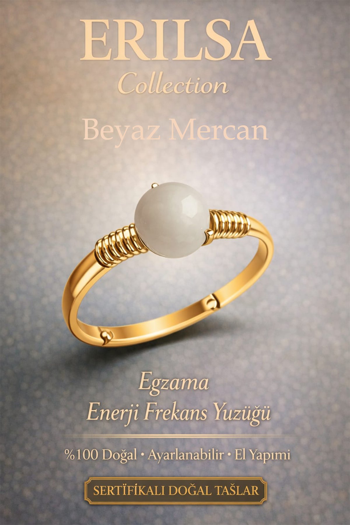 Sertifikalı Egzama Enerji Frekans Yüzüğü – Beyaz Mercan Ayarlamalı Gold İnce Kasa Terazi Balık Burç