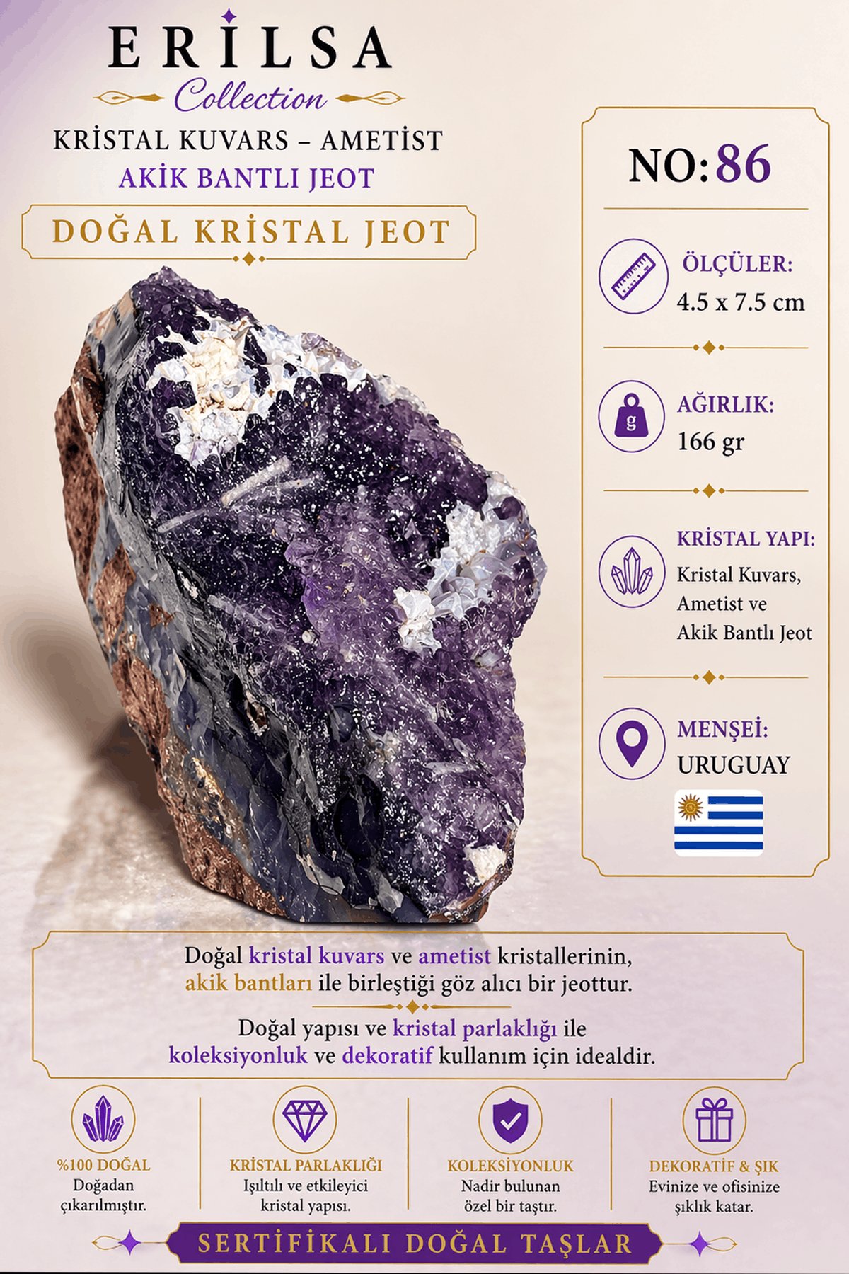Sertifikalı Doğal Ametist Jeodu Akik Bantlı Kristal Kuvars Ham Kaya Uruguay NO86