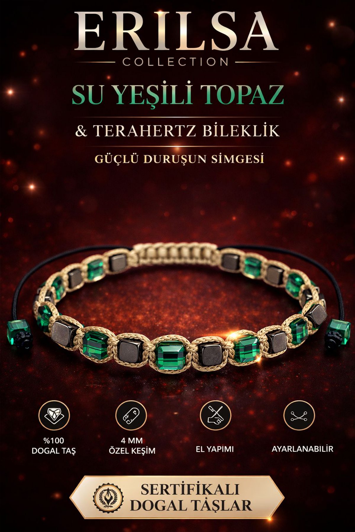 Sertifikalı Su Yeşili Topaz Terahertz Bileklik - 4 MM Küp Kesim – Doğal Taş El Yapımı Ayarlanabilir