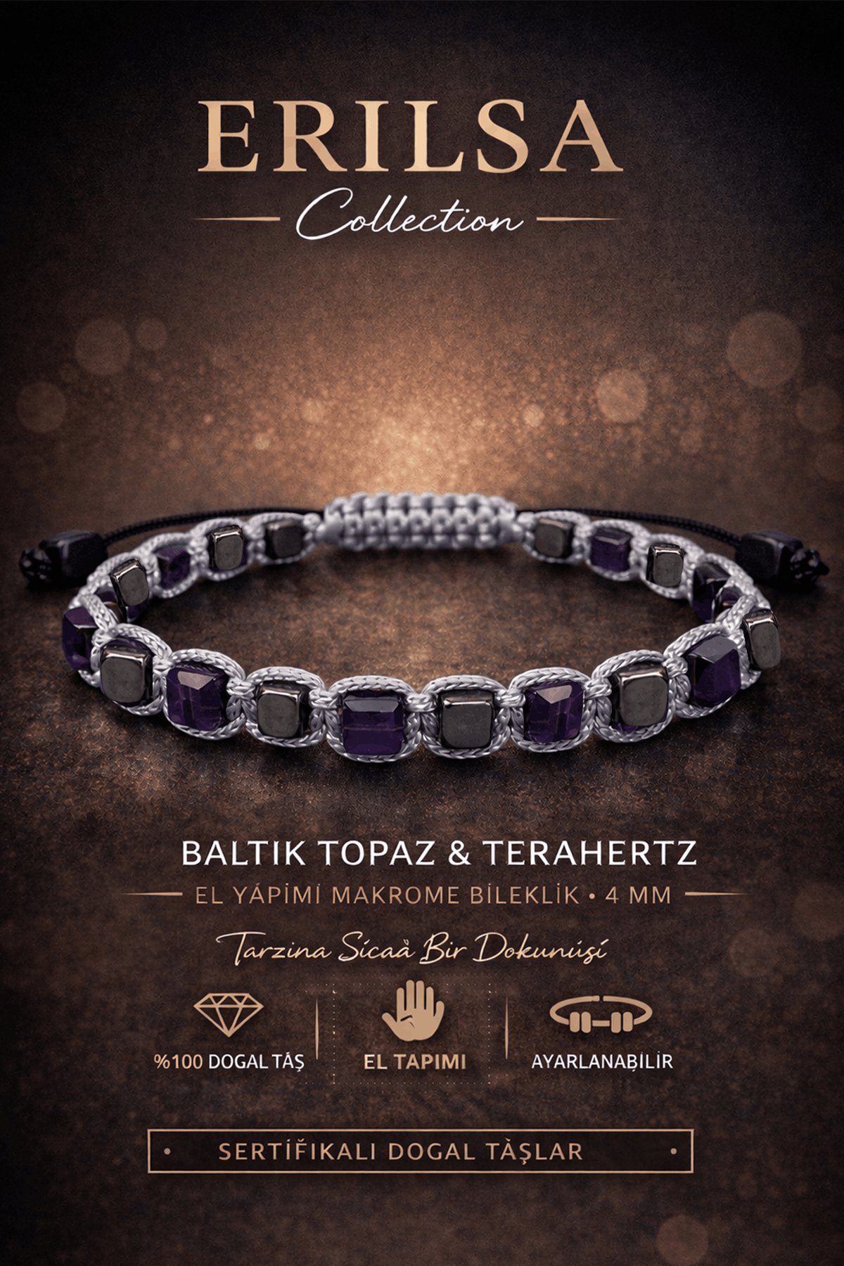Sertifikalı Baltık Topaz Terahertz Bileklik 4 MM Doğal Taş Unisex Ayarlanabilir