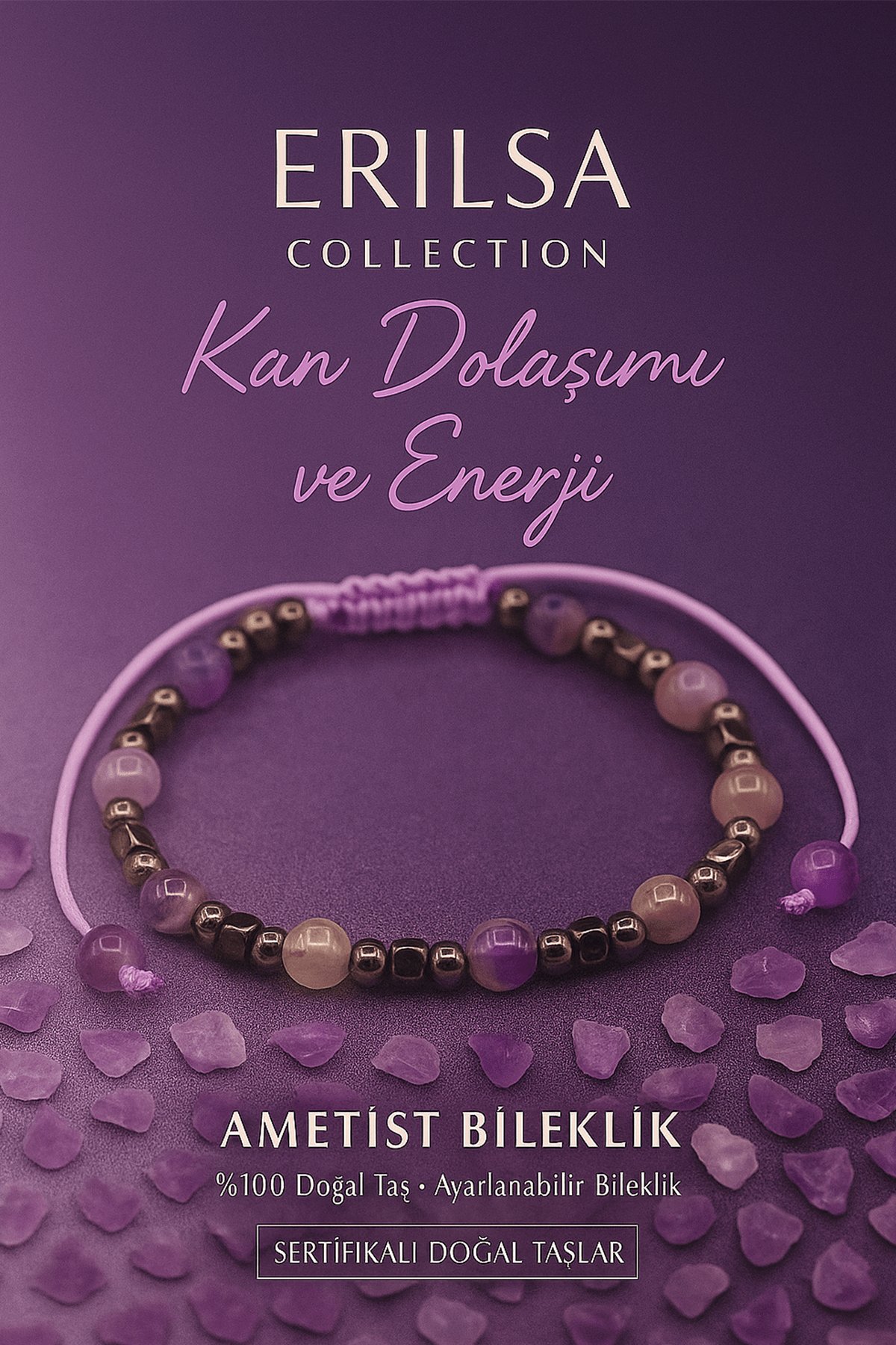 Sertifikalı Kan Dolaşımı ve Enerji Bilekliği – Ametist & Terahertz (6 mm)