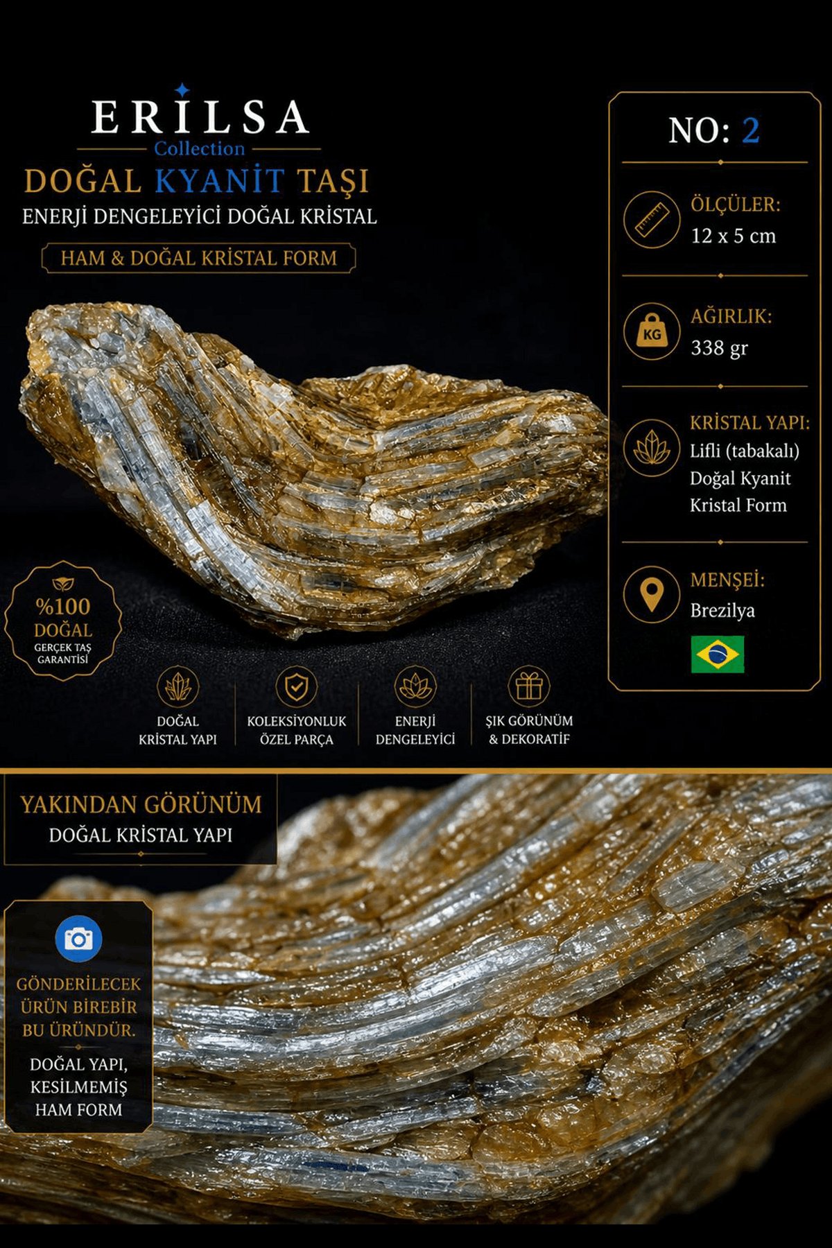 Sertifikalı Doğal Kyanit Taşı Kütle – Ham Kristal Mineral Koleksiyonluk Dekor Taşı NO2