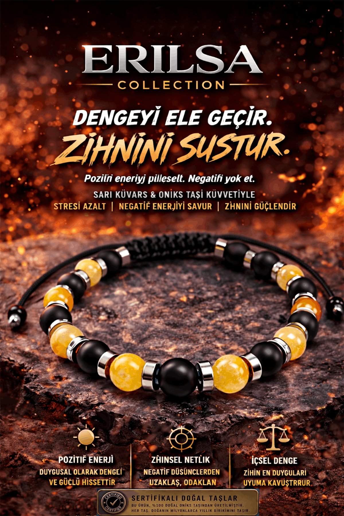 Sertifikalı Oniks Sarı Kuvars Bileklik - 8 mm Doğal Taş Terahertz Aparatlı Unisex El Yapımı