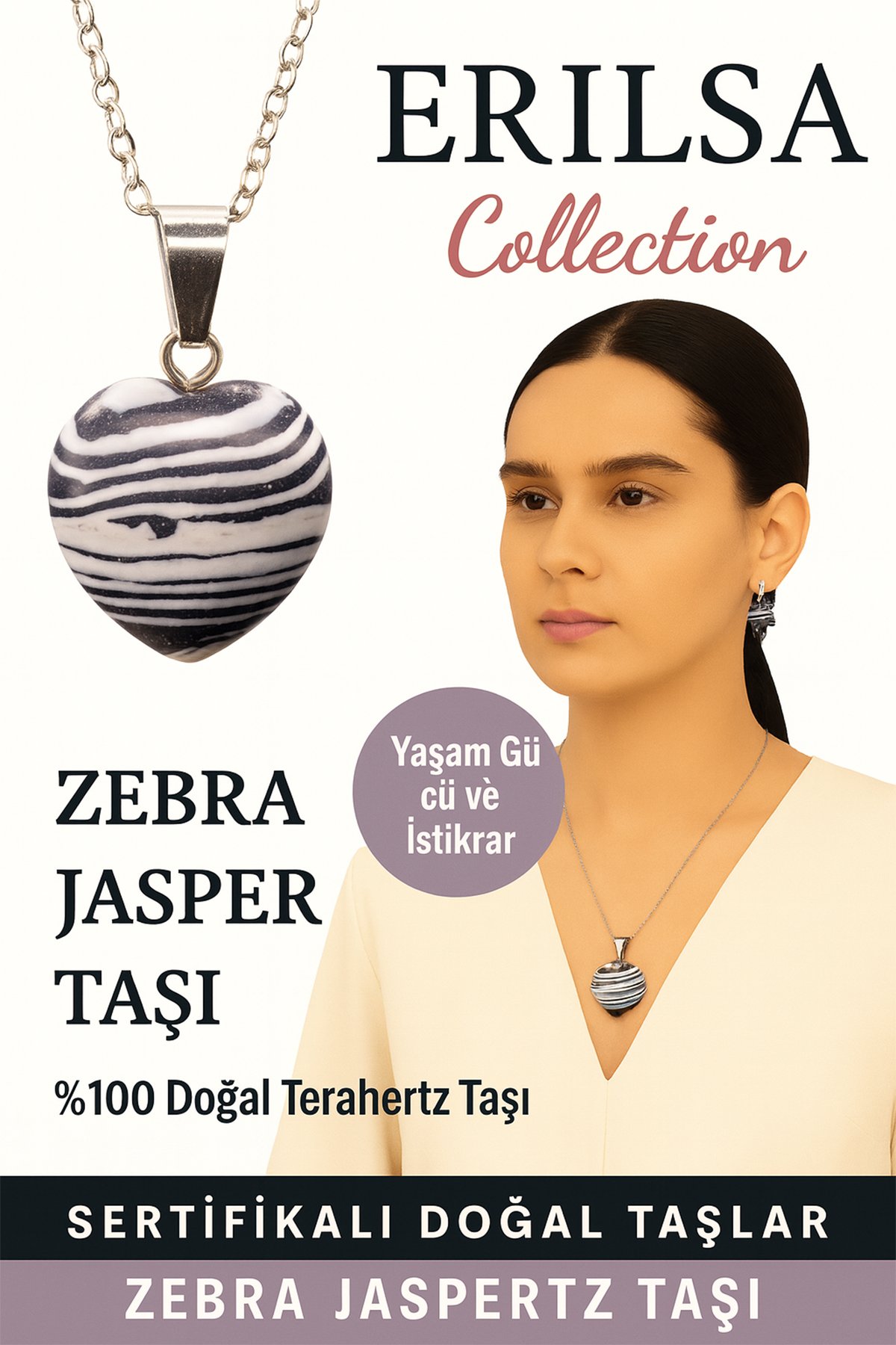 Sertifikalı Kalp Model Zebra Jasper Doğal Taş Kolye – Yaşam Gücü İstikrar ve Denge Taşı