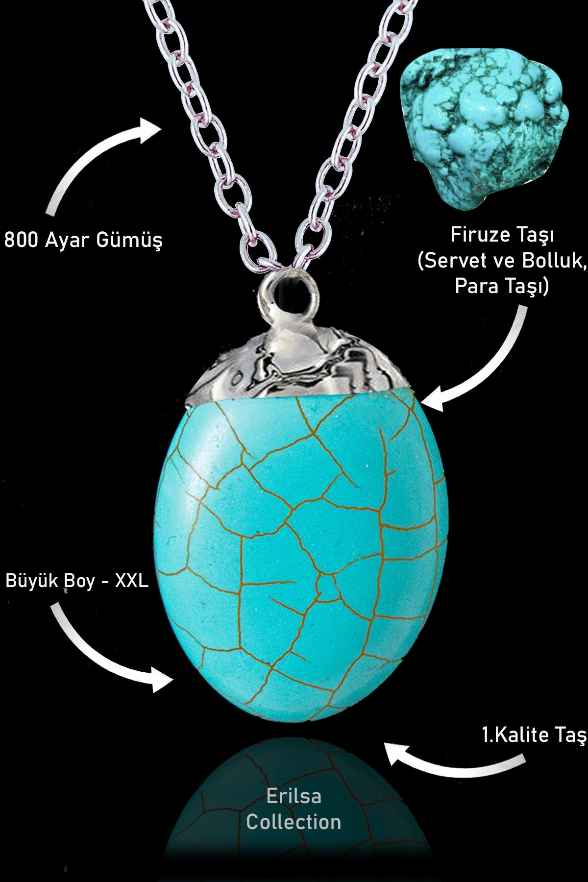 Sertifikalı XXL Boy Firuze Taşı Kolye (Turkuaz Taşı) - Gümüş Alaşımlı